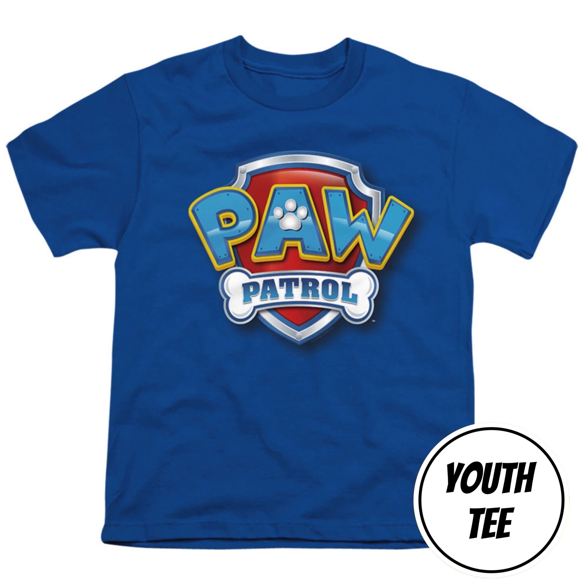 A royal blue short-sleeve youth t-shirt featuring a large Paw Patrol logo printed on the chest. The logo displays the word 'PAW' in blue with yellow outlines and a white paw print, above a white bone-shaped banner that reads 'PATROL' in blue.