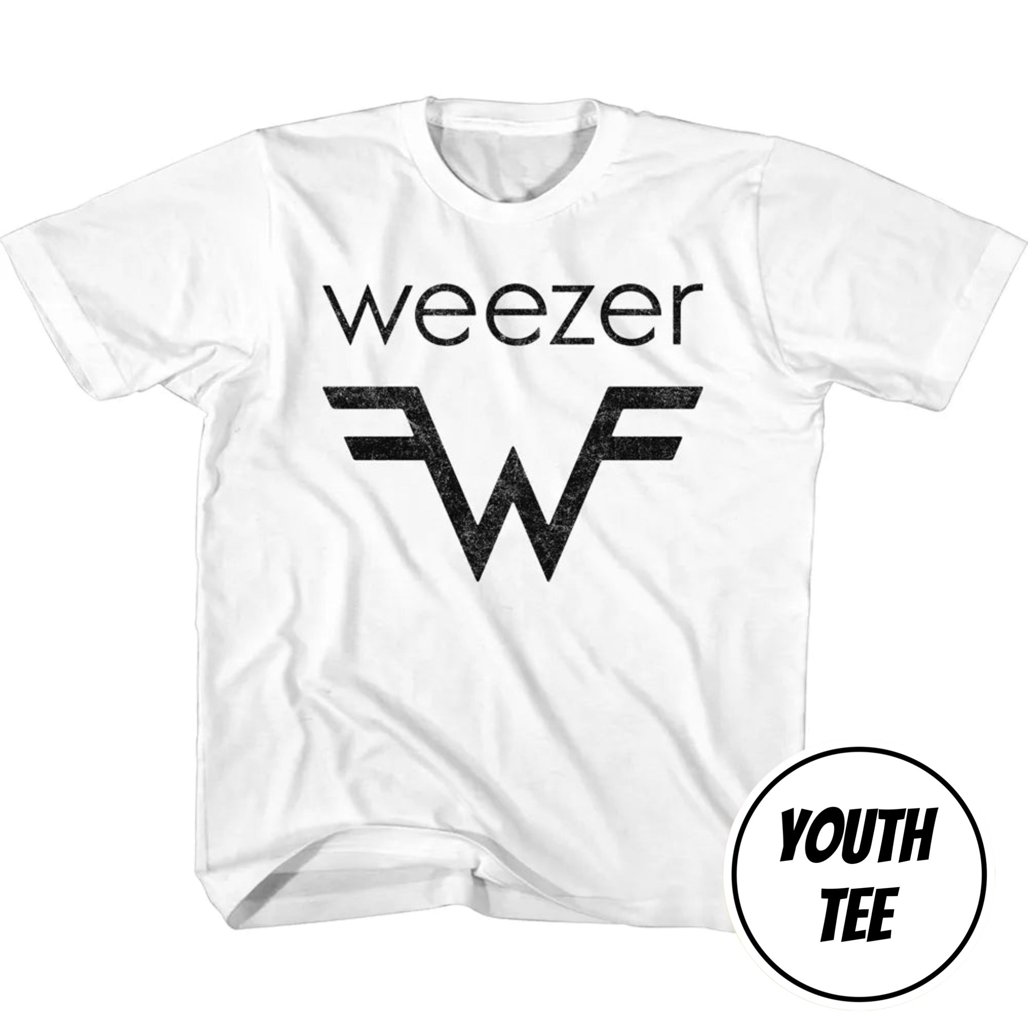 A white youth short-sleeve t-shirt featuring a black distressed graphic of the word 'weezer' above a stylized 'W' logo, with a circular 'YOUTH TEE' label overlay in the bottom right corner.