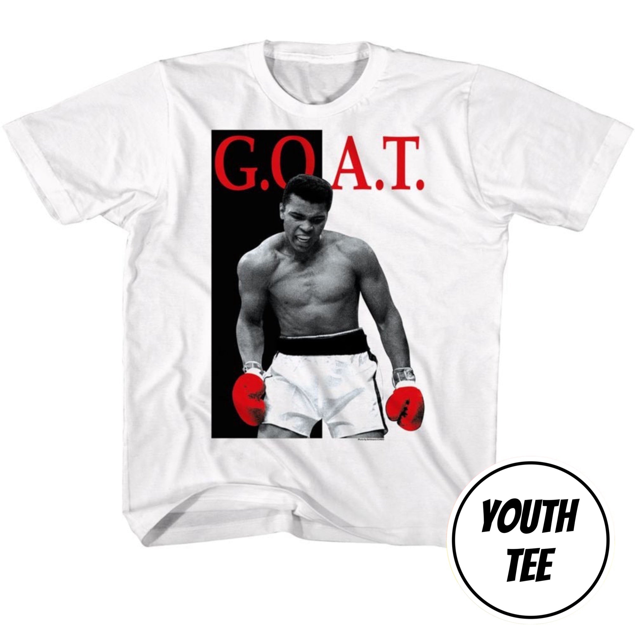 A white short-sleeve t-shirt featuring a graphic print of boxer Muhammad Ali wearing red boxing gloves and white shorts, with the red text 'G.O.