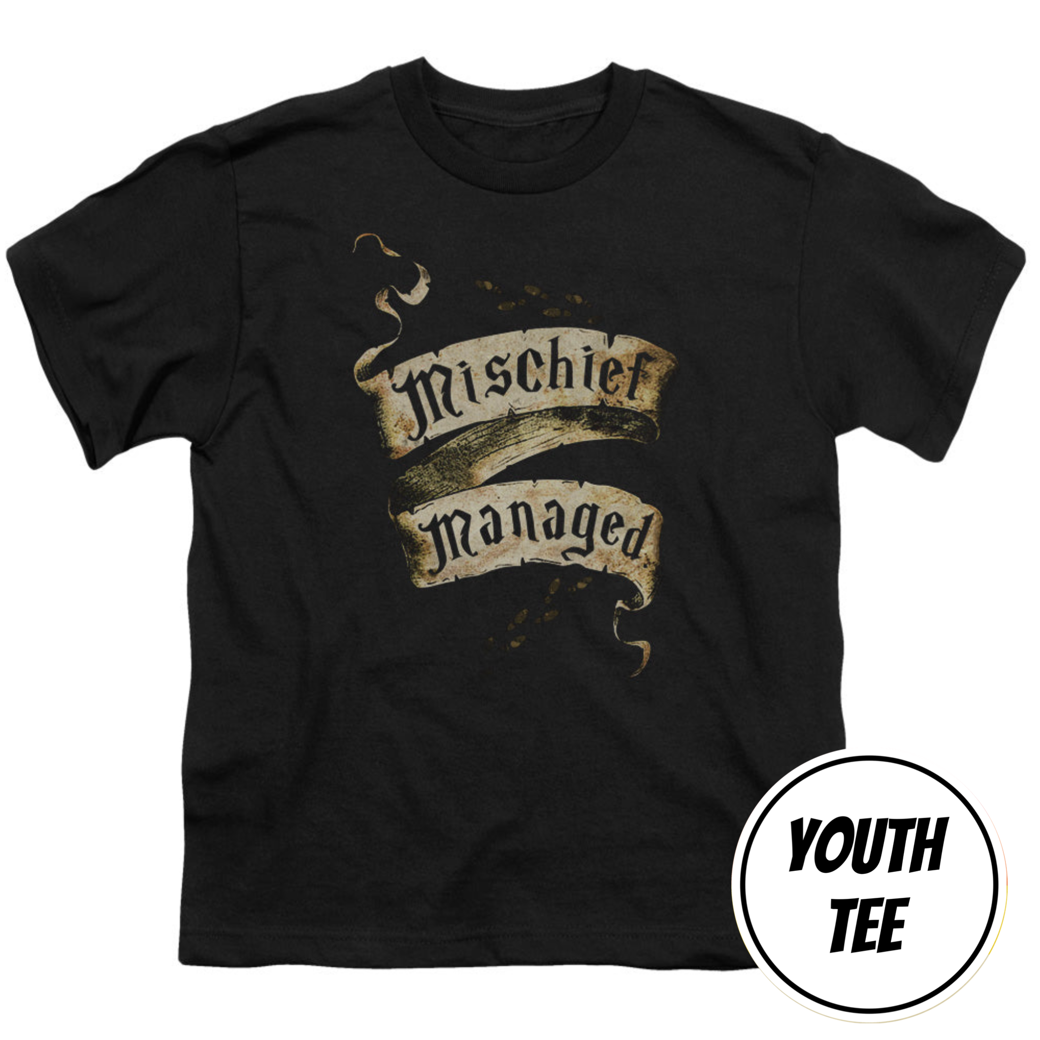 A black youth t-shirt with a distressed beige banner graphic reading 'Mischief Managed' and a small snake illustration above it, shown on a white background with a 'YOUTH TEE' badge in the bottom right corner.