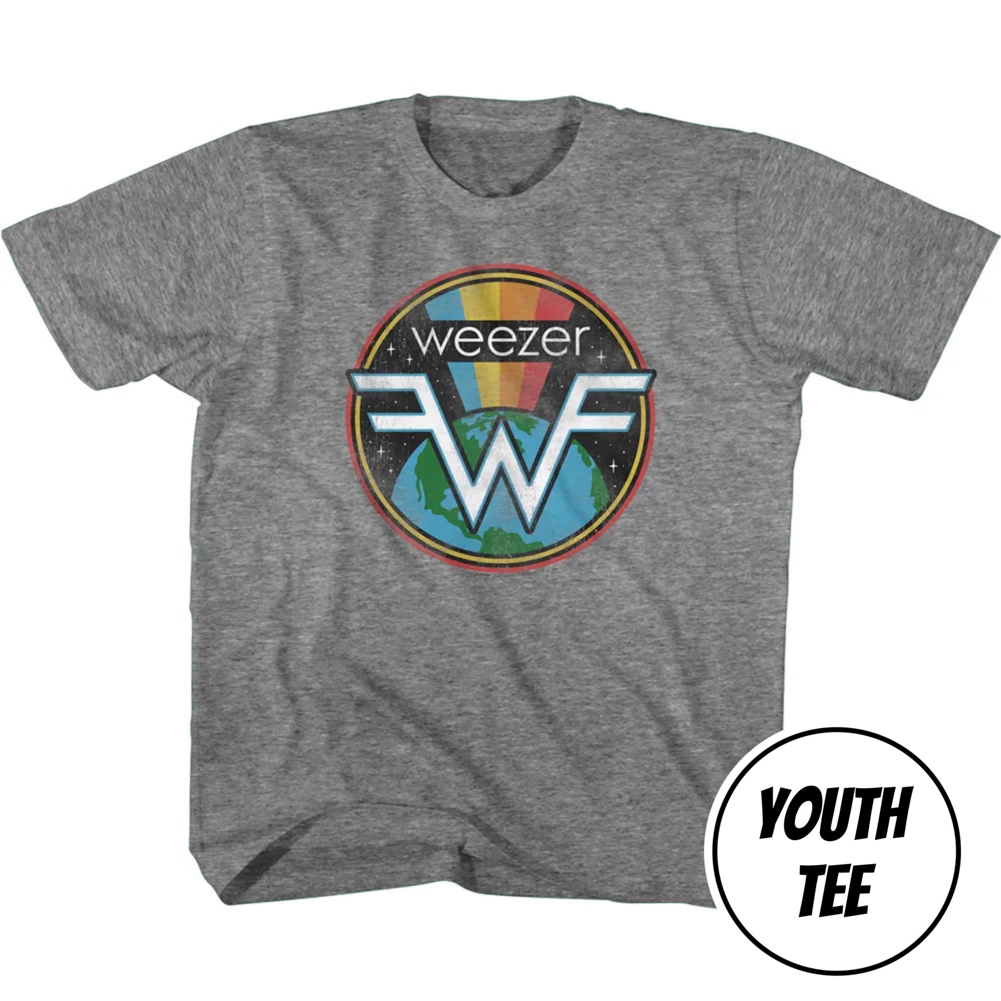 A heather gray crewneck t-shirt featuring a circular Weezer graphic on the chest with the band's name and logo. A white circular badge in the bottom right corner reads 'YOUTH TEE'.