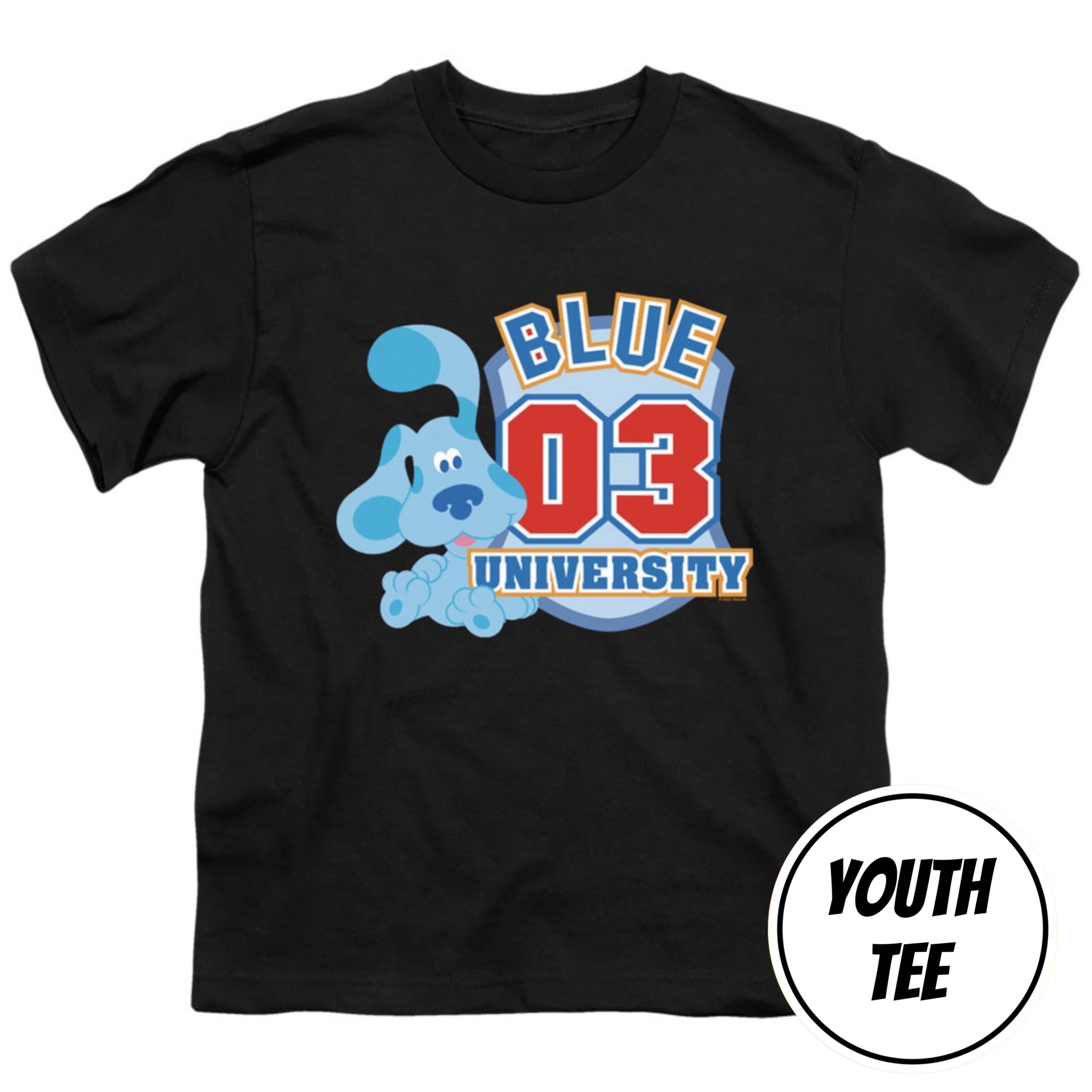 A black youth short-sleeve t-shirt featuring a 'Blue 03 University' graphic on the front, with a cartoon blue dog and the text 'BLUE 03 UNIVERSITY' in blue, red, and white. A white circular badge in the bottom right corner reads 'YOUTH TEE'.