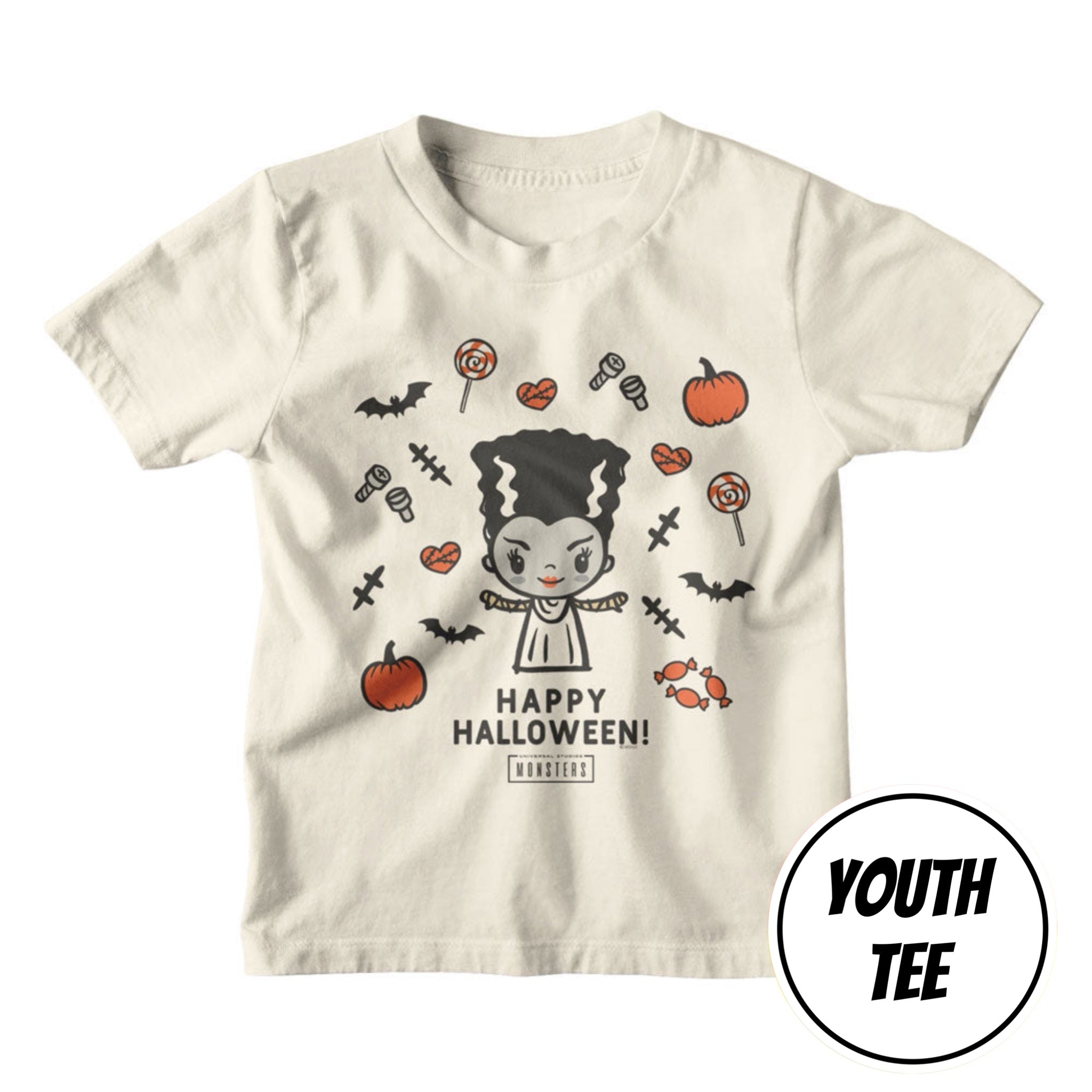 An off-white youth short-sleeve t-shirt with a cartoon vampire graphic and 'HAPPY HALLOWEEN!' text, shown on a plain white background with a 'YOUTH TEE' badge in the bottom right corner.