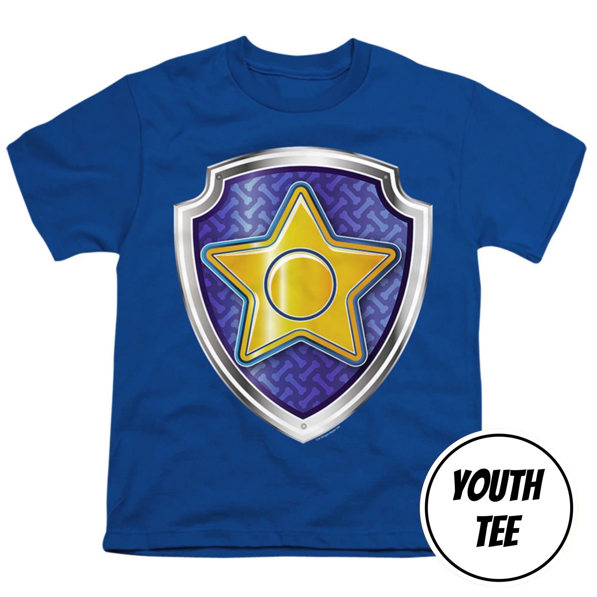 A royal blue youth t-shirt featuring a large graphic of a police badge shield on the chest. The badge design has a yellow star on a purple patterned background with a silver border.
