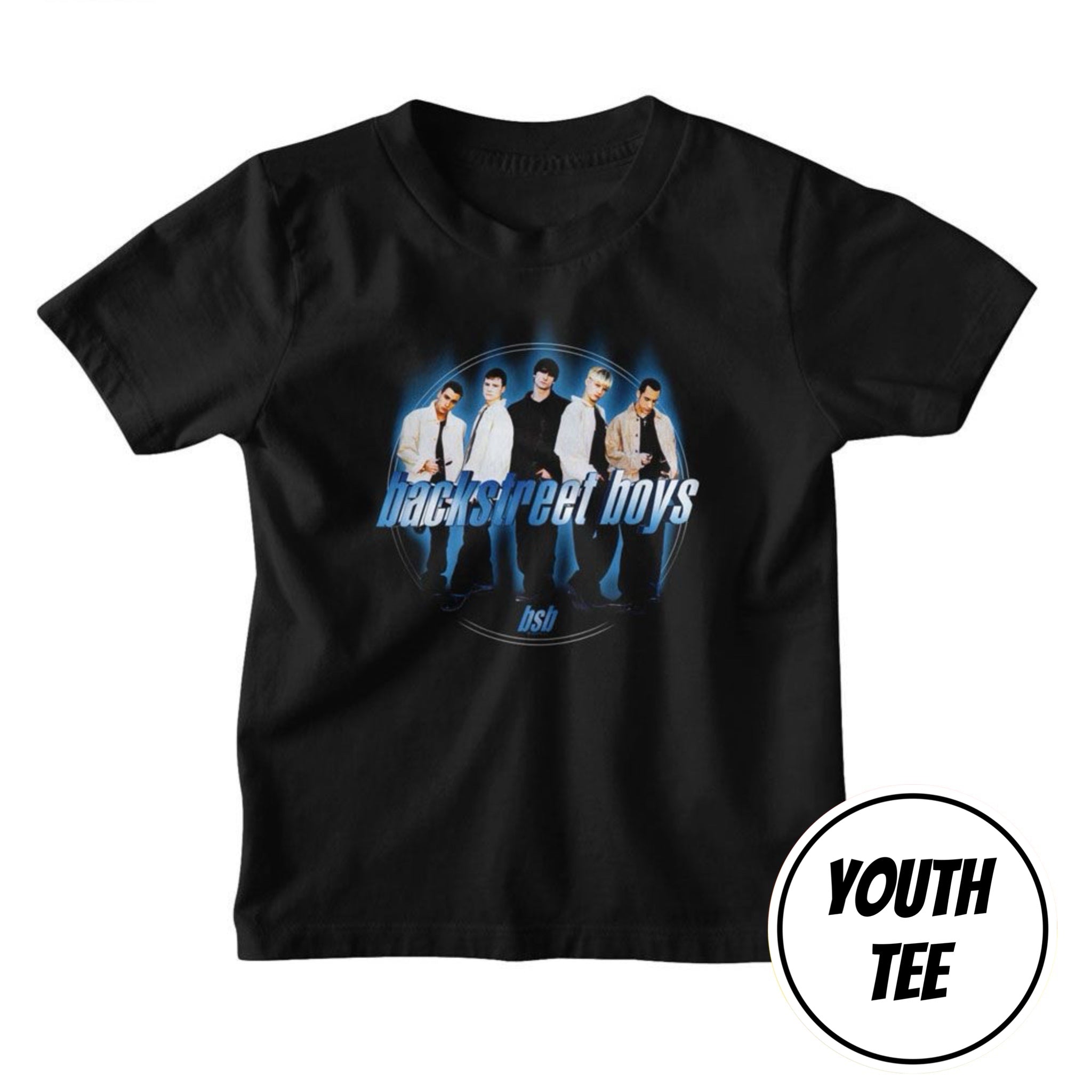 A youth black short-sleeve t-shirt featuring a graphic of the band Backstreet Boys with their logo on the front, displayed on a clean white background with a 'YOUTH TEE' badge overlay in the bottom right corner.