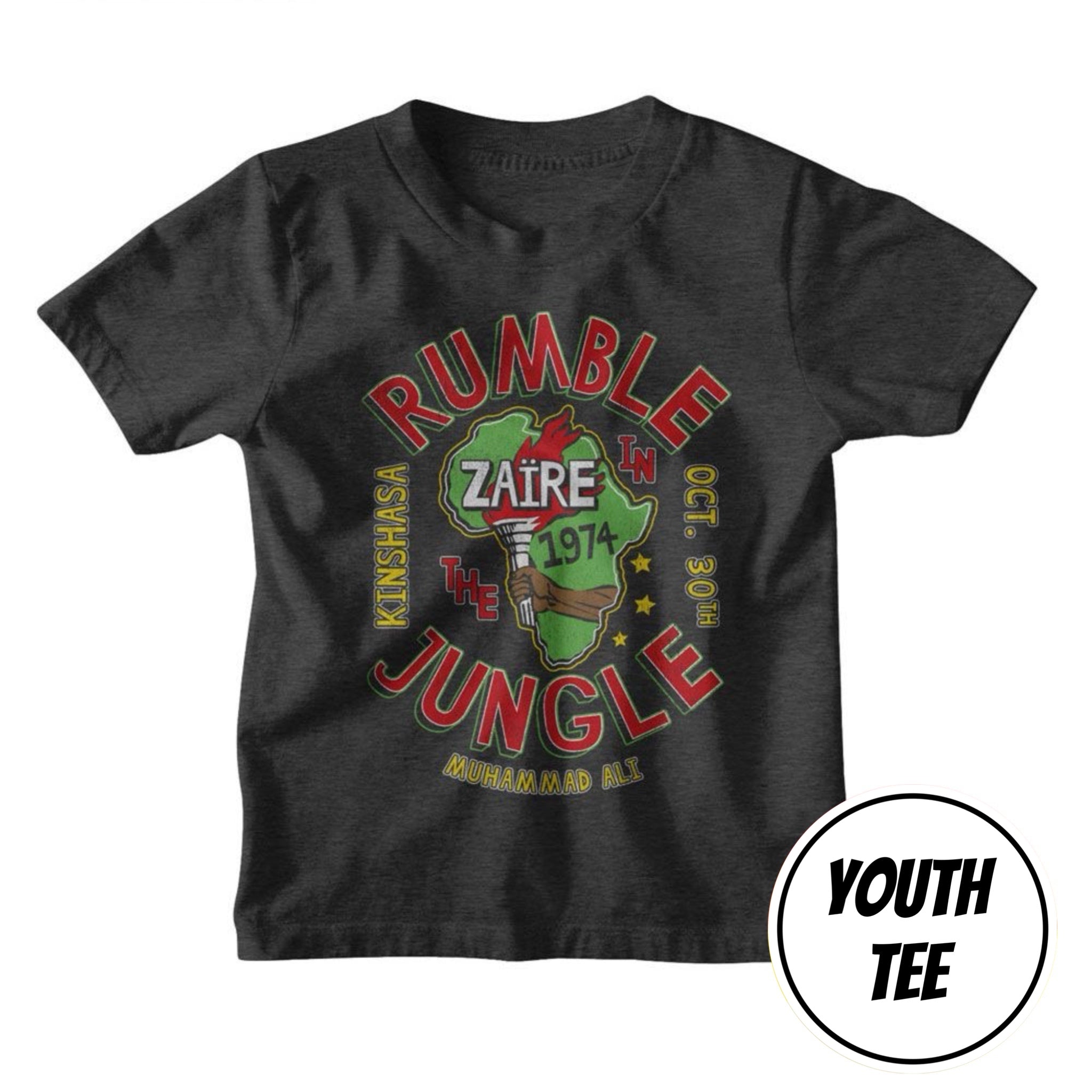 A youth dark heather gray t-shirt with a 'Rumble in the Jungle' graphic featuring a green map of Africa, the city of Zaire, and red text, shown on a white background with a 'Youth Tee' badge overlay.