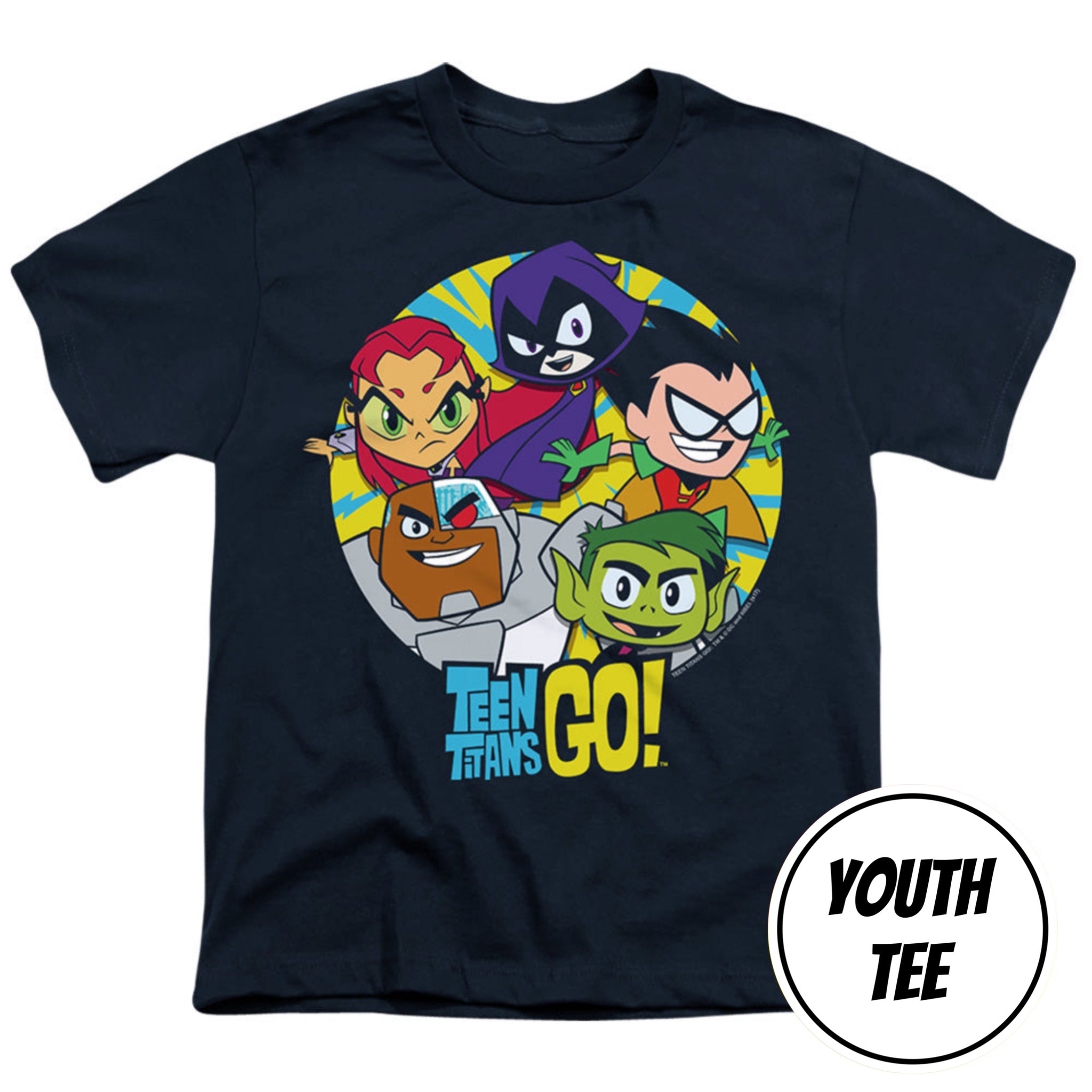 A youth black short-sleeve t-shirt featuring a colorful graphic of Teen Titans characters inside a yellow and blue circular design, with the 'TEEN TITANS GO!' logo printed below. A white circular badge in the bottom right corner reads 'YOUTH TEE'.