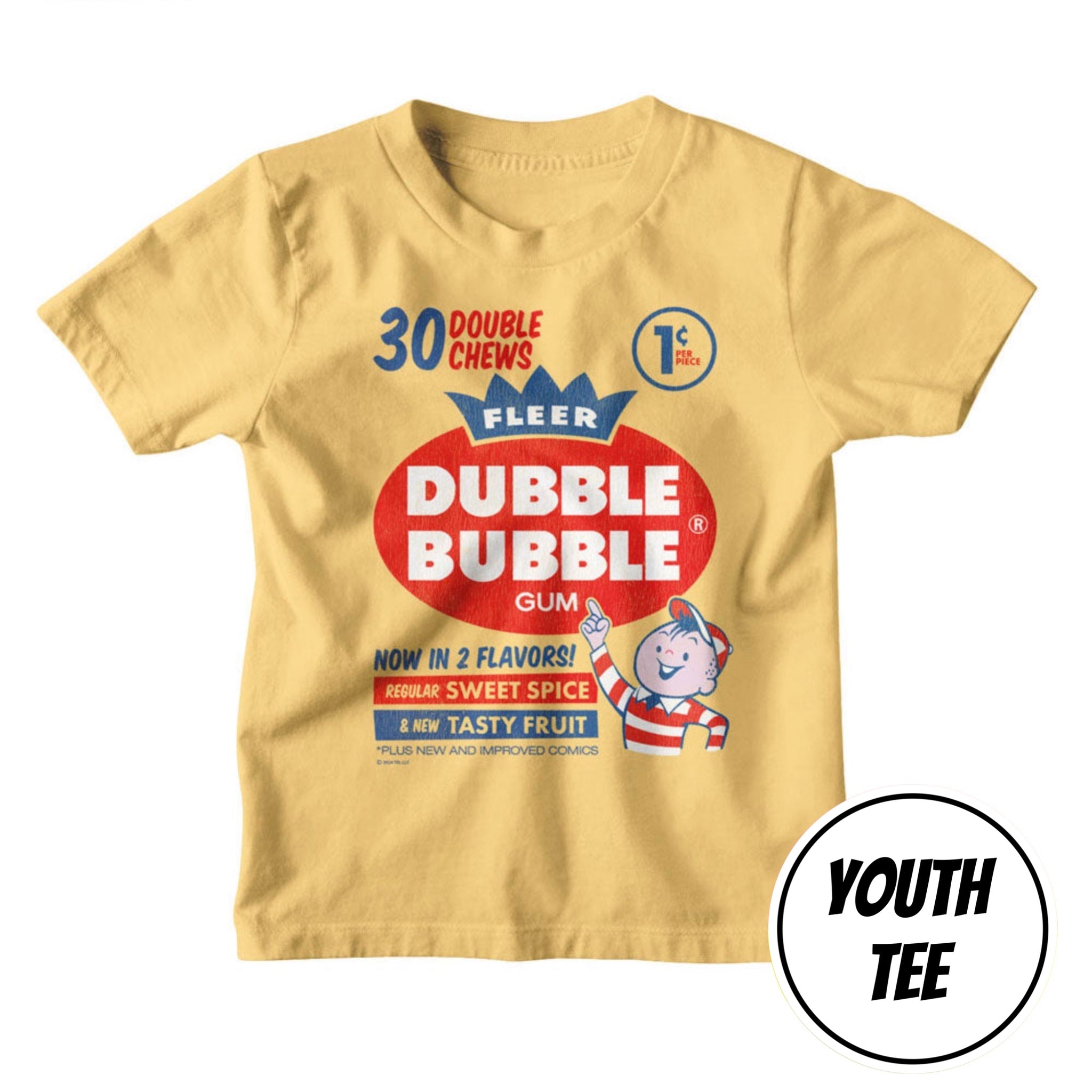 A yellow youth t-shirt featuring a vintage-style Dubble Bubble Gum graphic on the front, displayed against a solid white background with a 'YOUTH TEE' badge overlay in the bottom right corner.