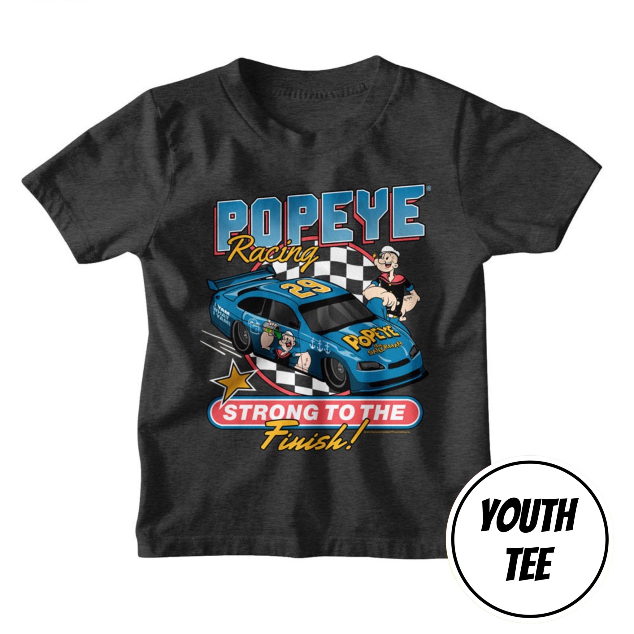 A youth dark gray t-shirt featuring a Popeye Racing graphic with a blue race car, Popeye character, and the text 'Strong to the Finish!'. A circular 'Youth Tee' badge is visible in the bottom right corner.
