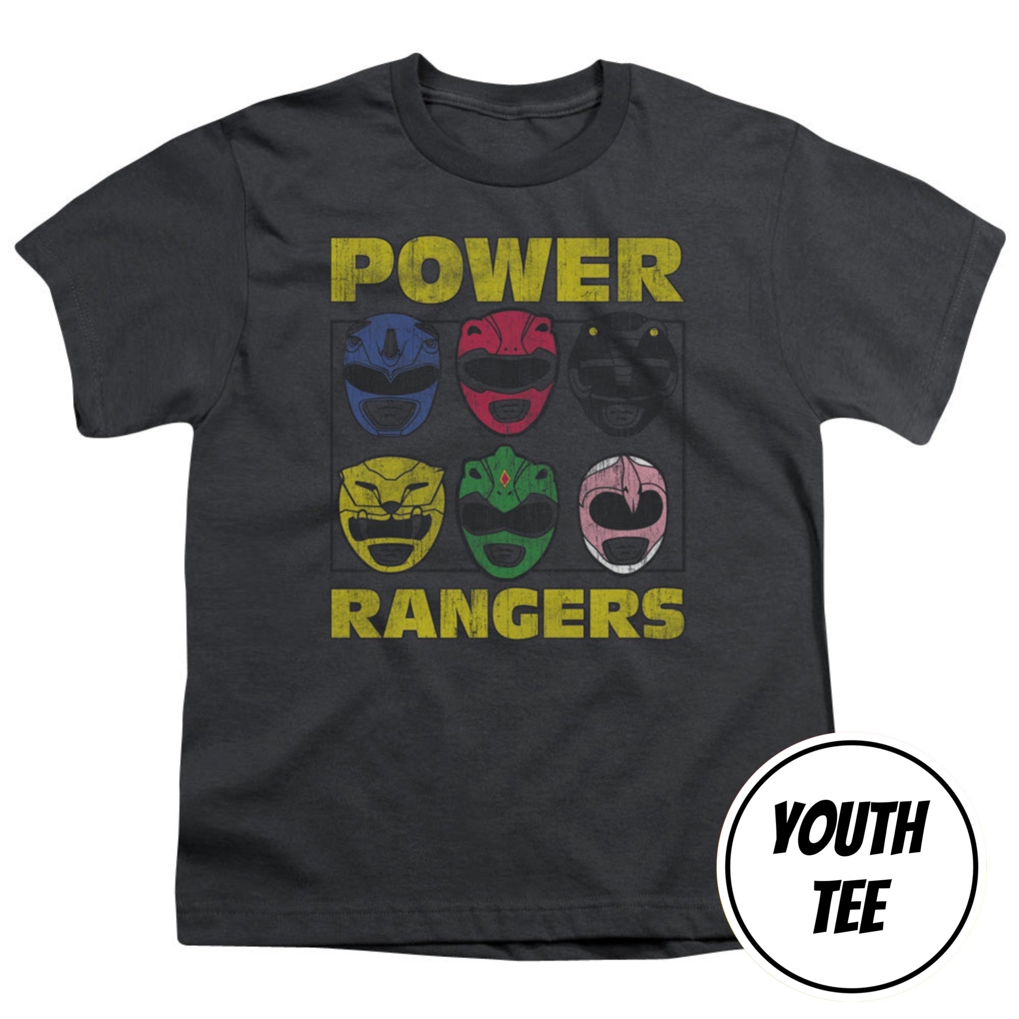 A youth charcoal gray t-shirt featuring a distressed yellow 'POWER RANGERS' graphic with six colorful helmet designs, shown on a plain white background with a 'YOUTH TEE' badge overlay.