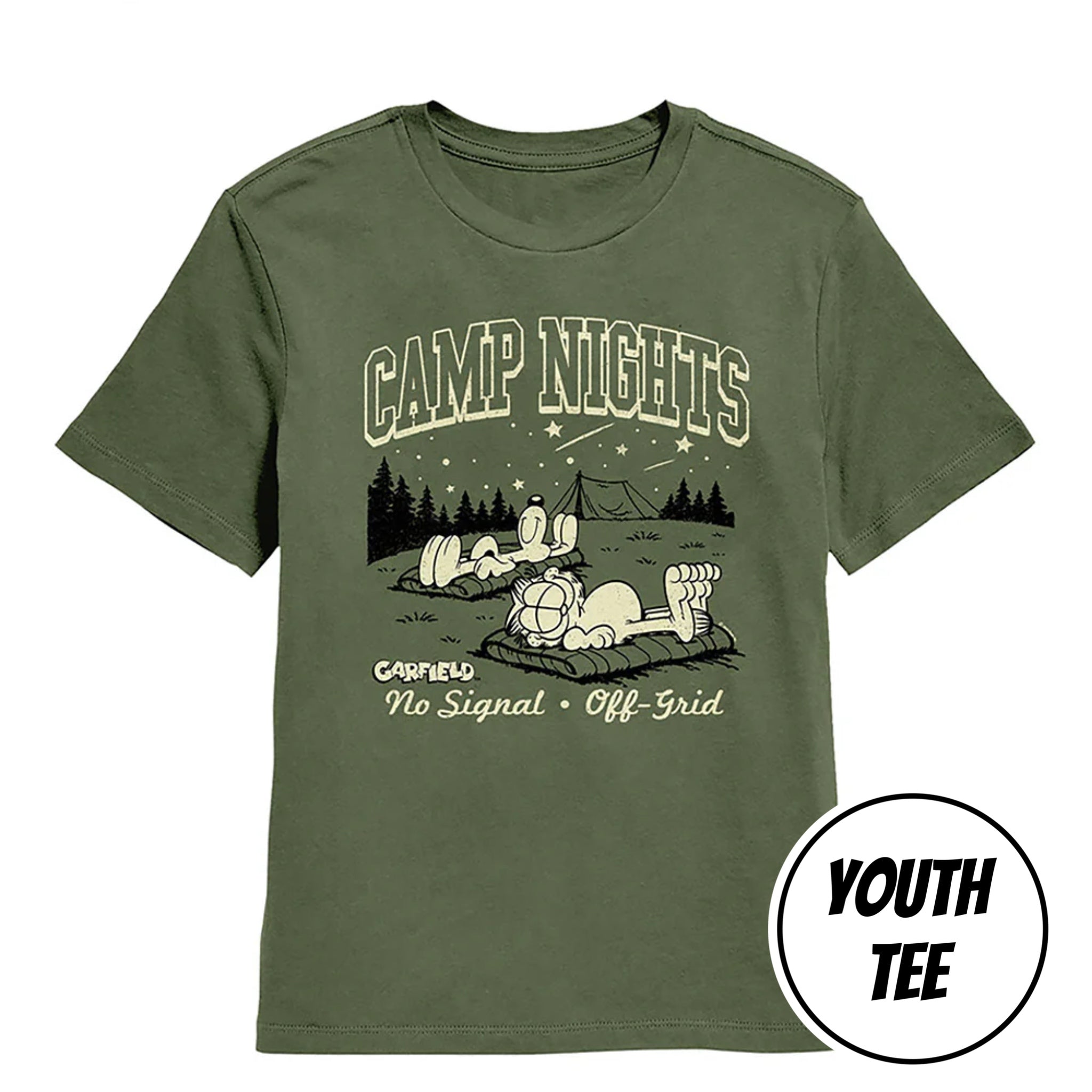 An olive green short-sleeve youth t-shirt featuring a cartoon graphic of Garfield and his friends camping under a starry sky with the text 'CAMP NIGHTS' and 'Garfield No Signal - Off-Grid'. A white circular badge in the bottom right corner reads 'YOUTH TEE'.