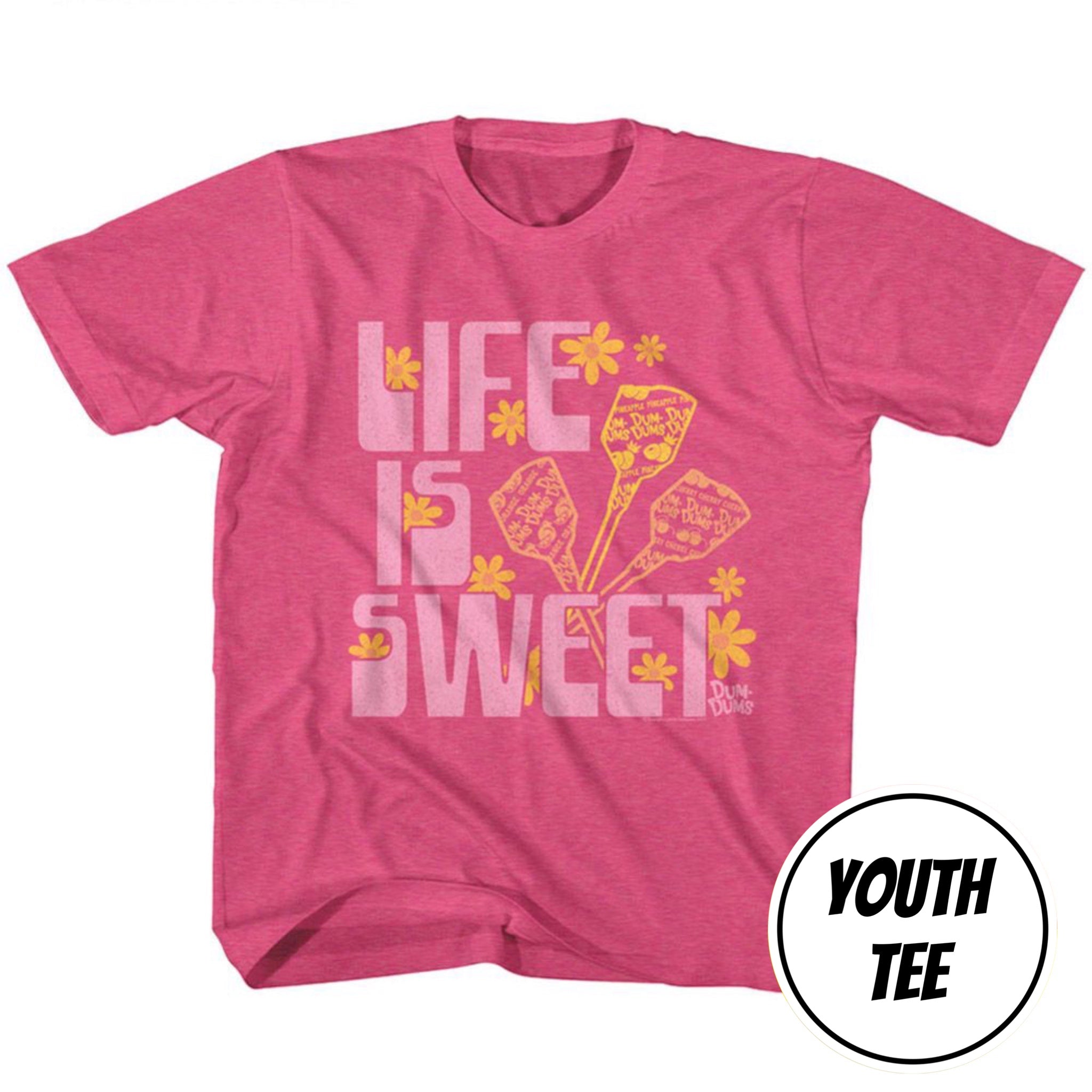 A heather pink youth t-shirt with a graphic that reads 'LIFE IS SWEET' in light pink letters, decorated with yellow flowers and ice cream cones. A white circular badge in the bottom right corner reads 'YOUTH TEE'.