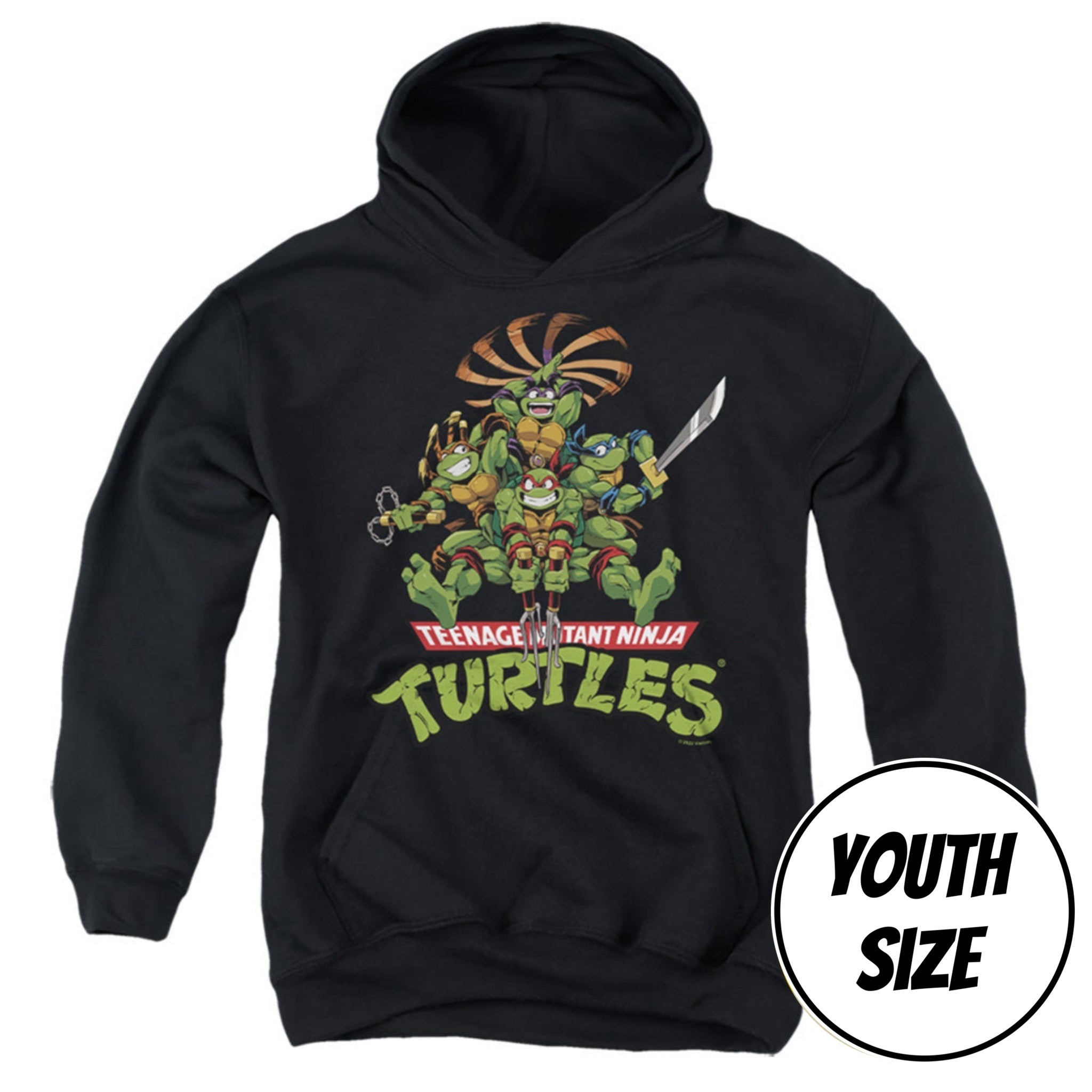 A youth black pullover hoodie featuring a colorful Teenage Mutant Ninja Turtles graphic on the chest, displayed against a plain white background with a 'YOUTH SIZE' badge overlay in the bottom right corner.