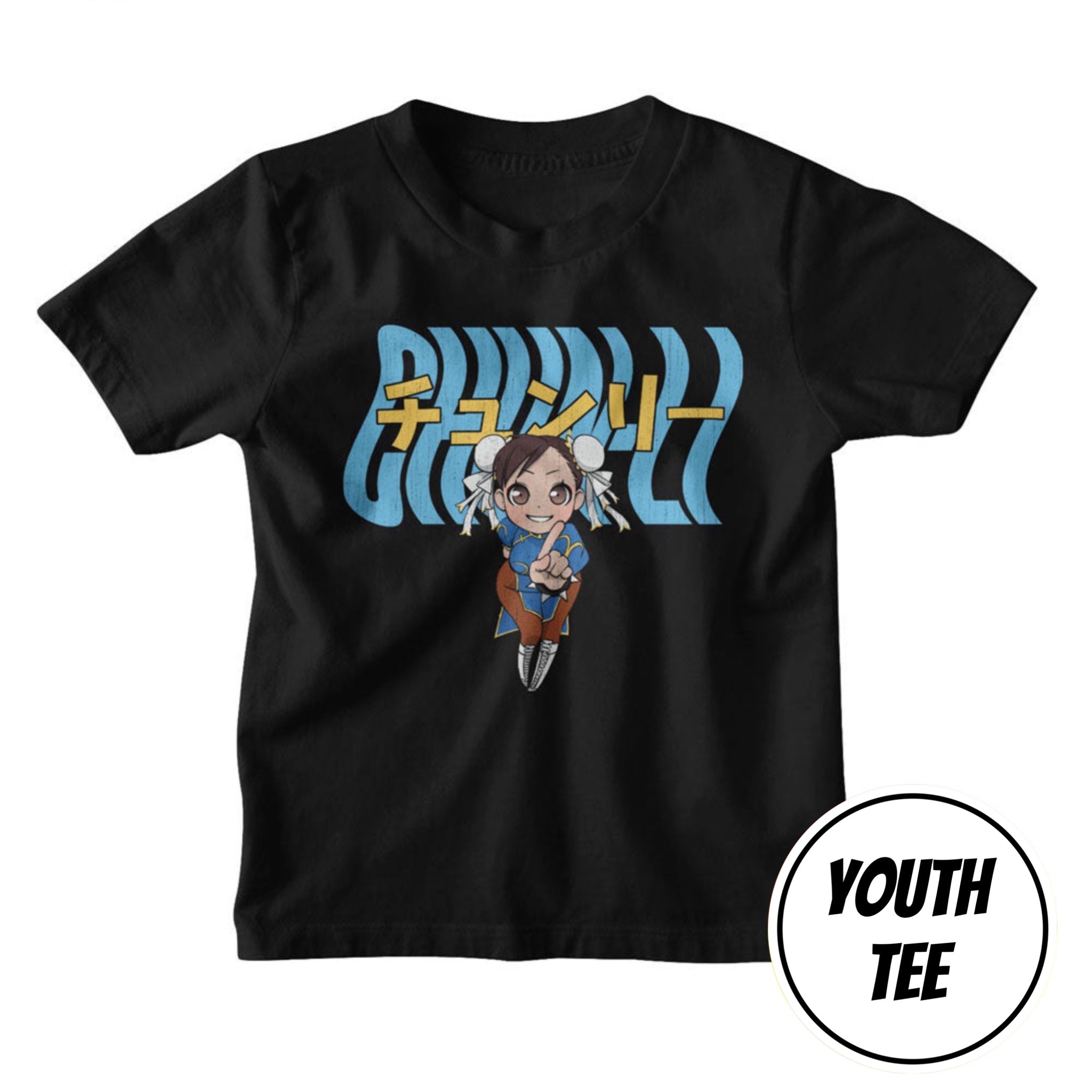 A youth black short-sleeve t-shirt featuring a cartoon graphic of a girl in a blue and orange outfit in front of light blue Japanese text. A white circular badge in the bottom right corner reads 'YOUTH TEE'.