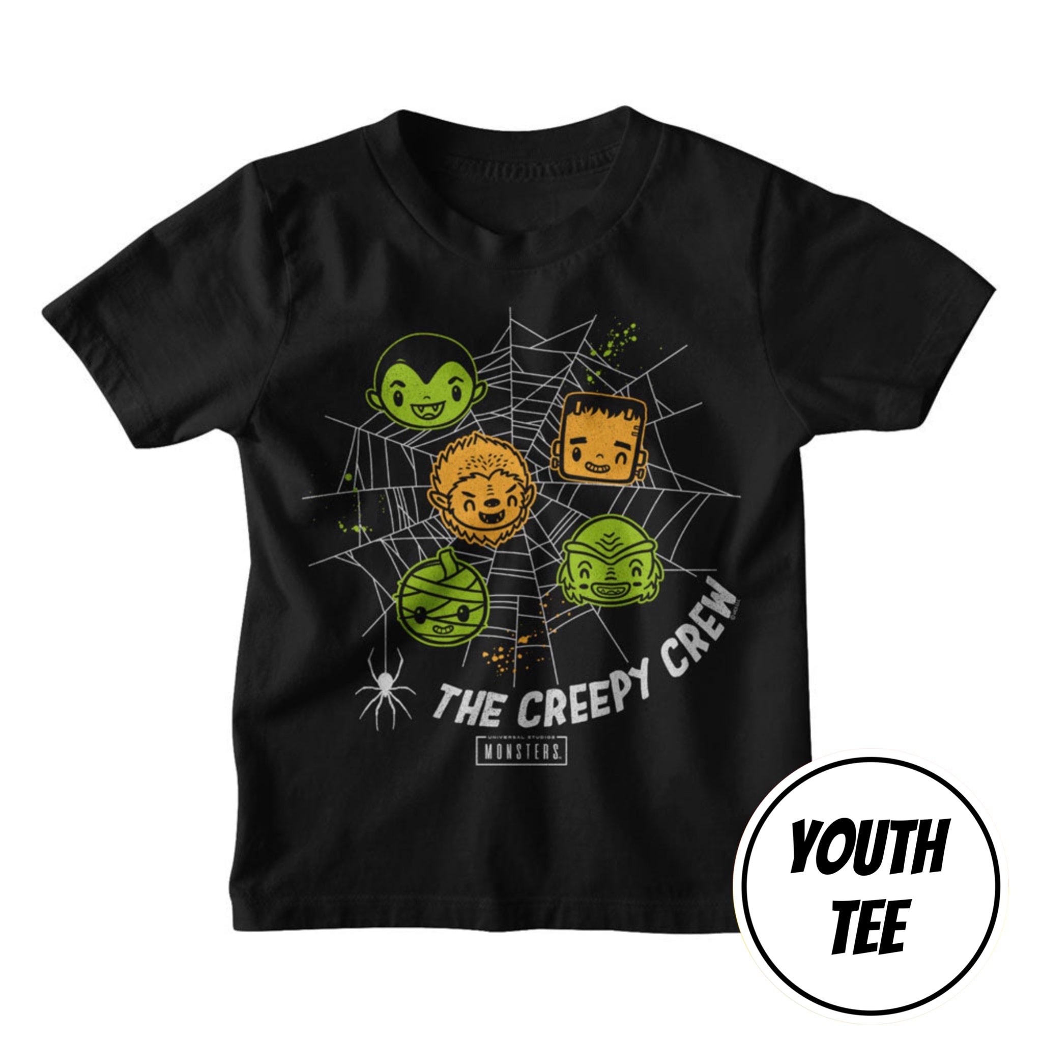 A youth black short-sleeve t-shirt featuring a 'The Creepy Crew' graphic from the brand MONITORS. The graphic displays five cartoonish monster faces (green, orange, and yellow) behind a white spiderweb, with 'THE CREEPY CREW' text and a small MONITORS logo.
