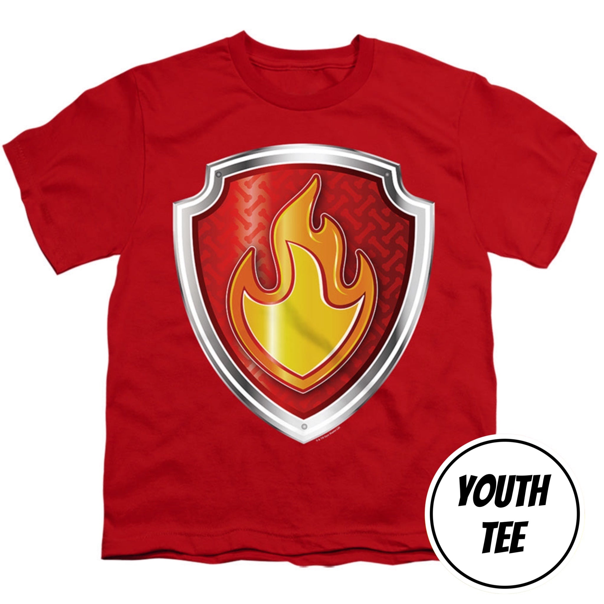 A red youth t-shirt featuring a large shield graphic with a yellow and orange flame in the center, set against a plain white background with a 'YOUTH TEE' label in the bottom right corner.