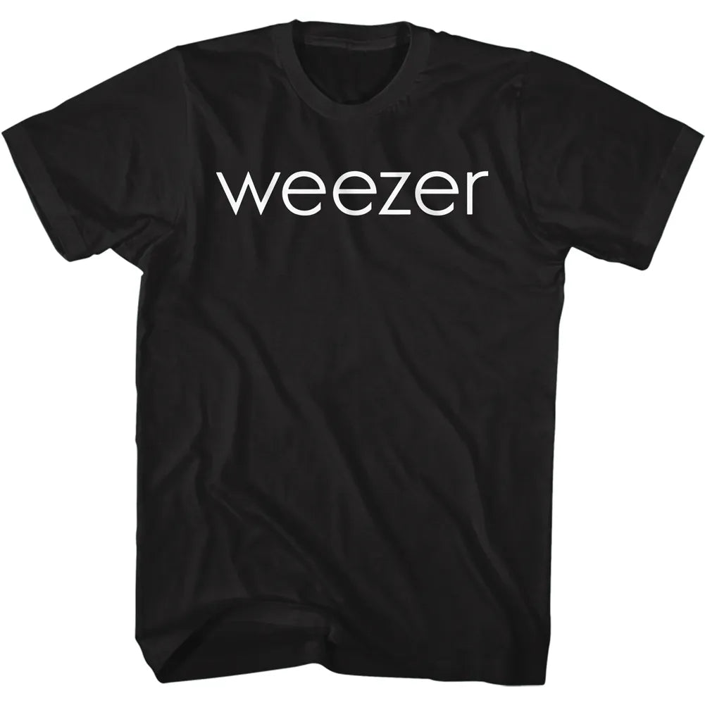 A black short-sleeve crewneck t-shirt with the word 'weezer' printed in white lowercase letters across the chest, displayed flat against a solid black background.