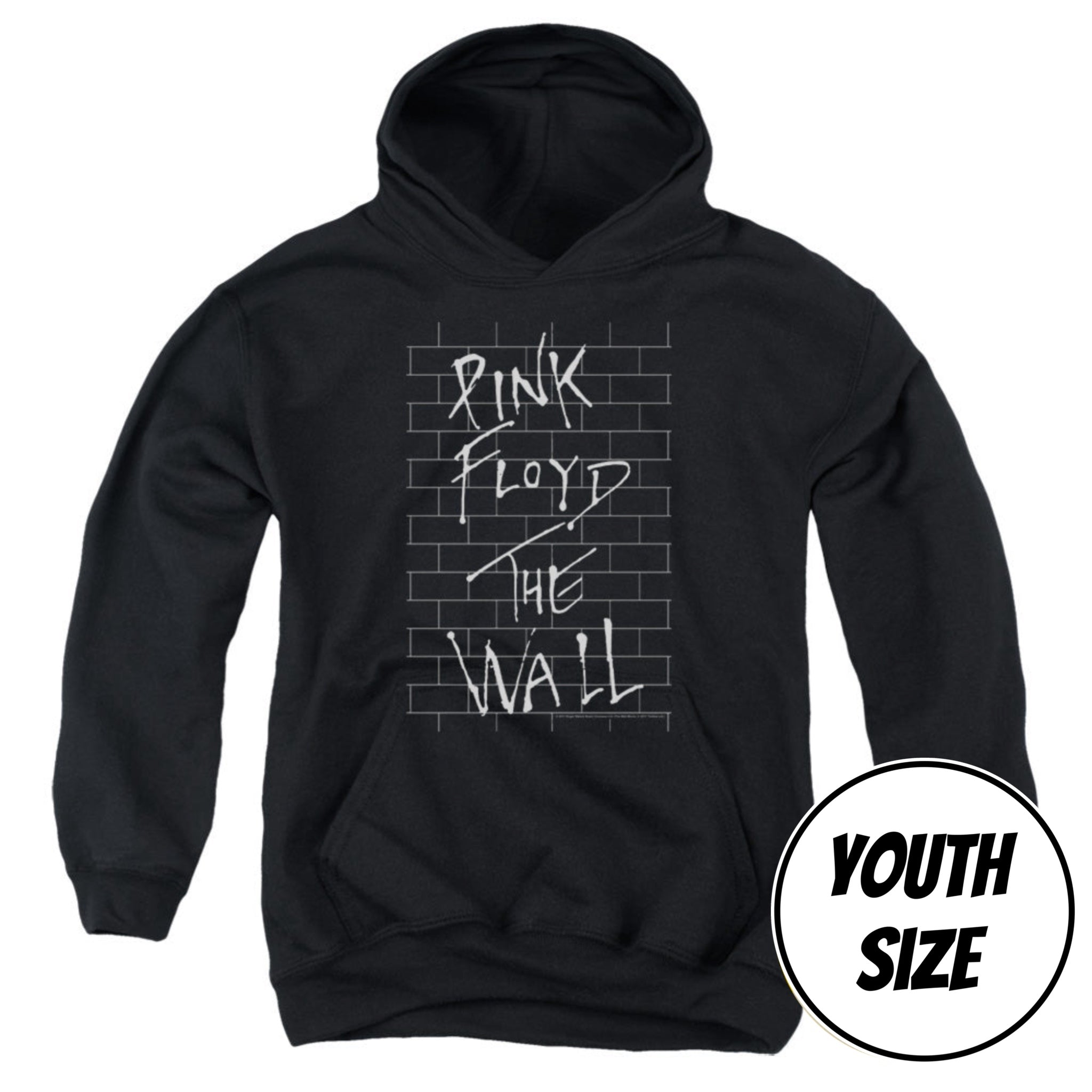 A black youth pullover hoodie featuring a white graphic print of the Pink Floyd 'The Wall' album artwork on the front. A circular badge in the bottom right corner reads 'YOUTH SIZE'.