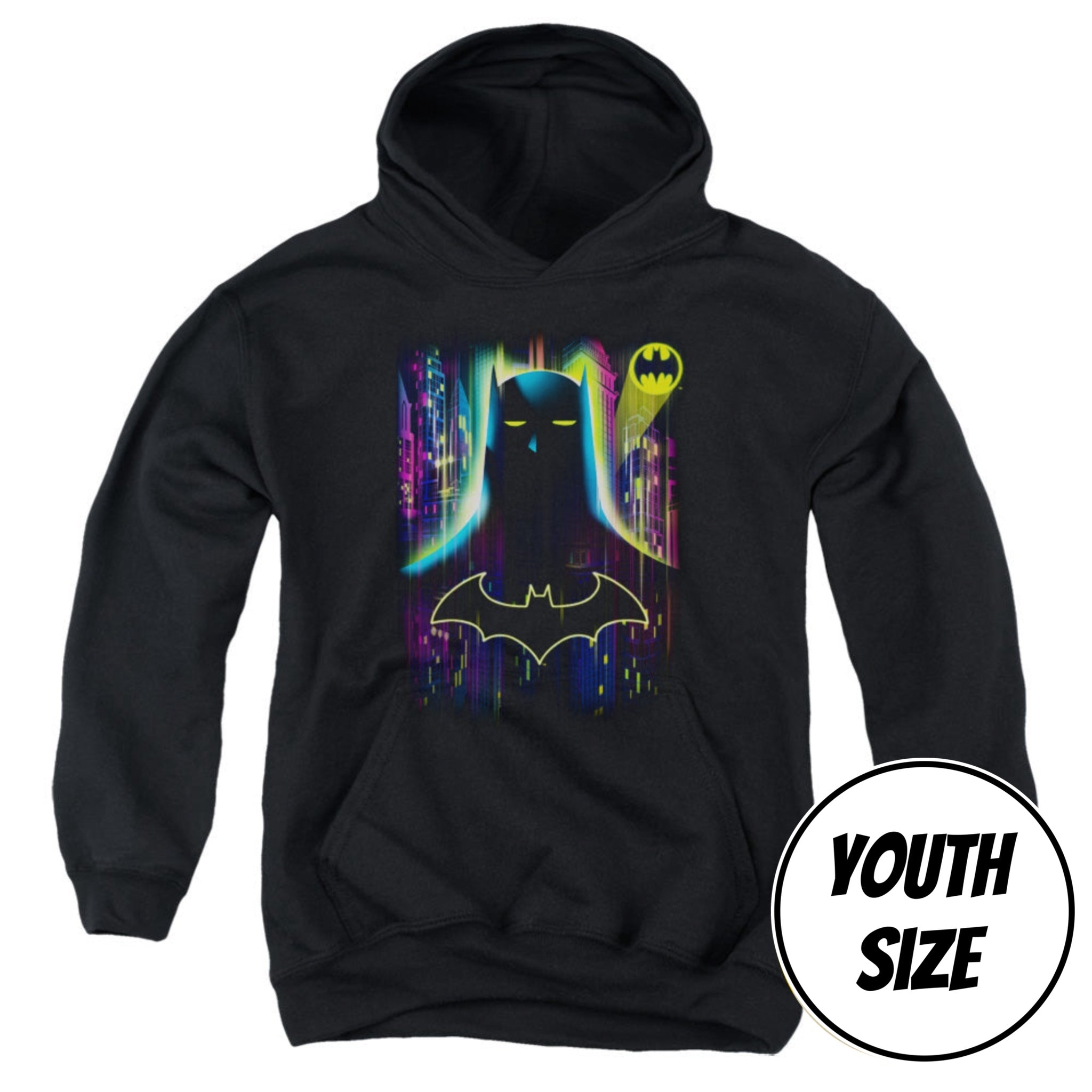 A youth black pullover hoodie featuring a colorful graphic of Batman and a bat-shaped ghost, with a circular 'YOUTH SIZE' badge overlay on the bottom right.