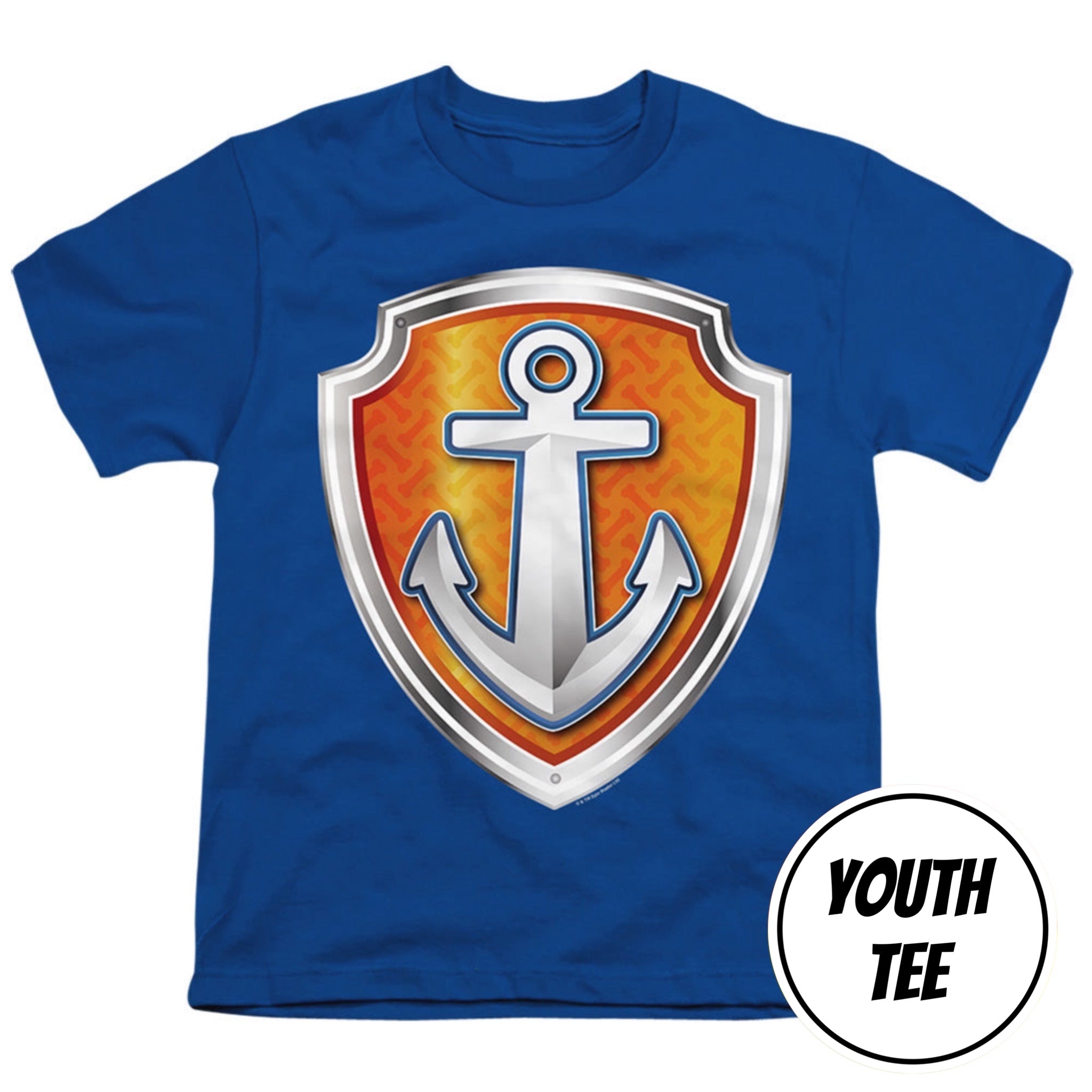 A royal blue youth short-sleeve t-shirt featuring a large shield graphic on the chest with a silver anchor over a textured orange and yellow background. A white circular badge in the bottom right corner reads 'YOUTH TEE'.