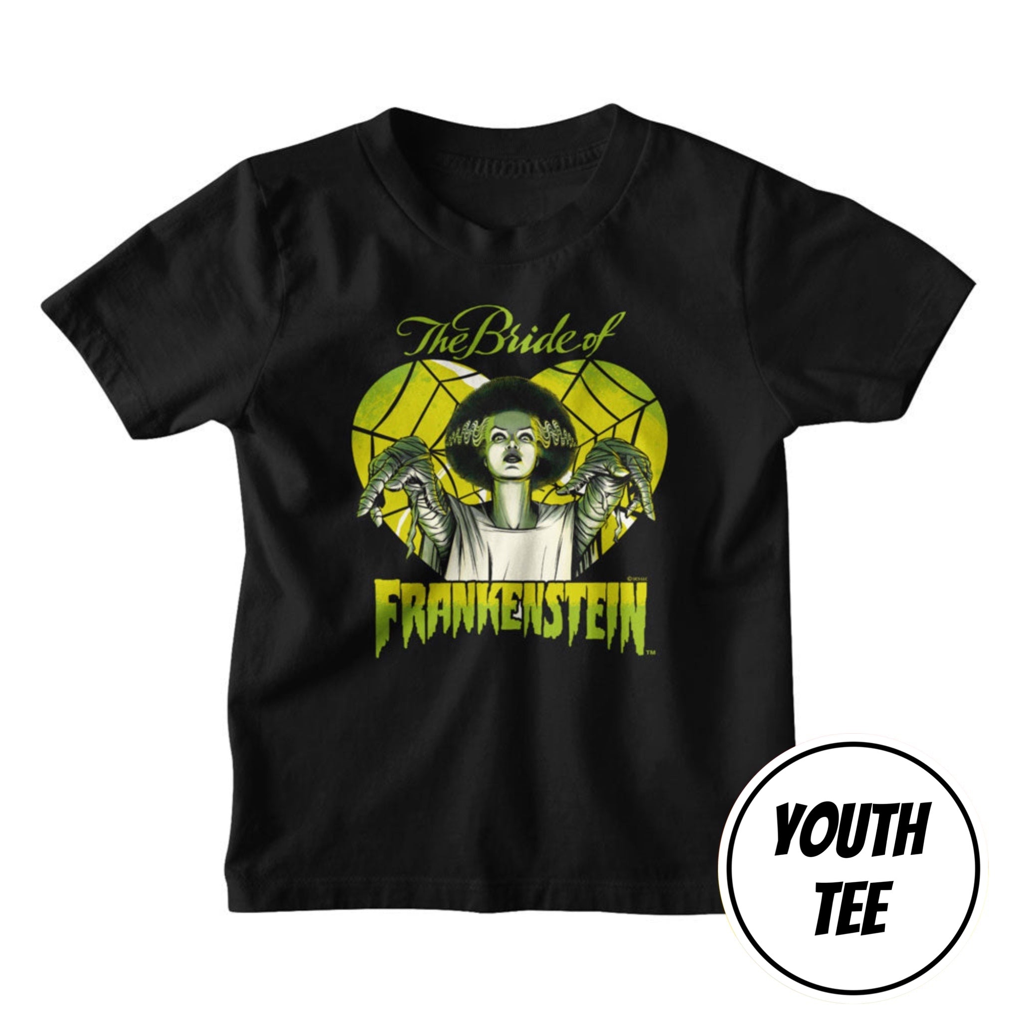 A youth black short-sleeve t-shirt featuring a graphic print of 'The Bride of Frankenstein' with green and yellow tones, displayed on a clean white background with a 'YOUTH TEE' badge in the bottom right corner.