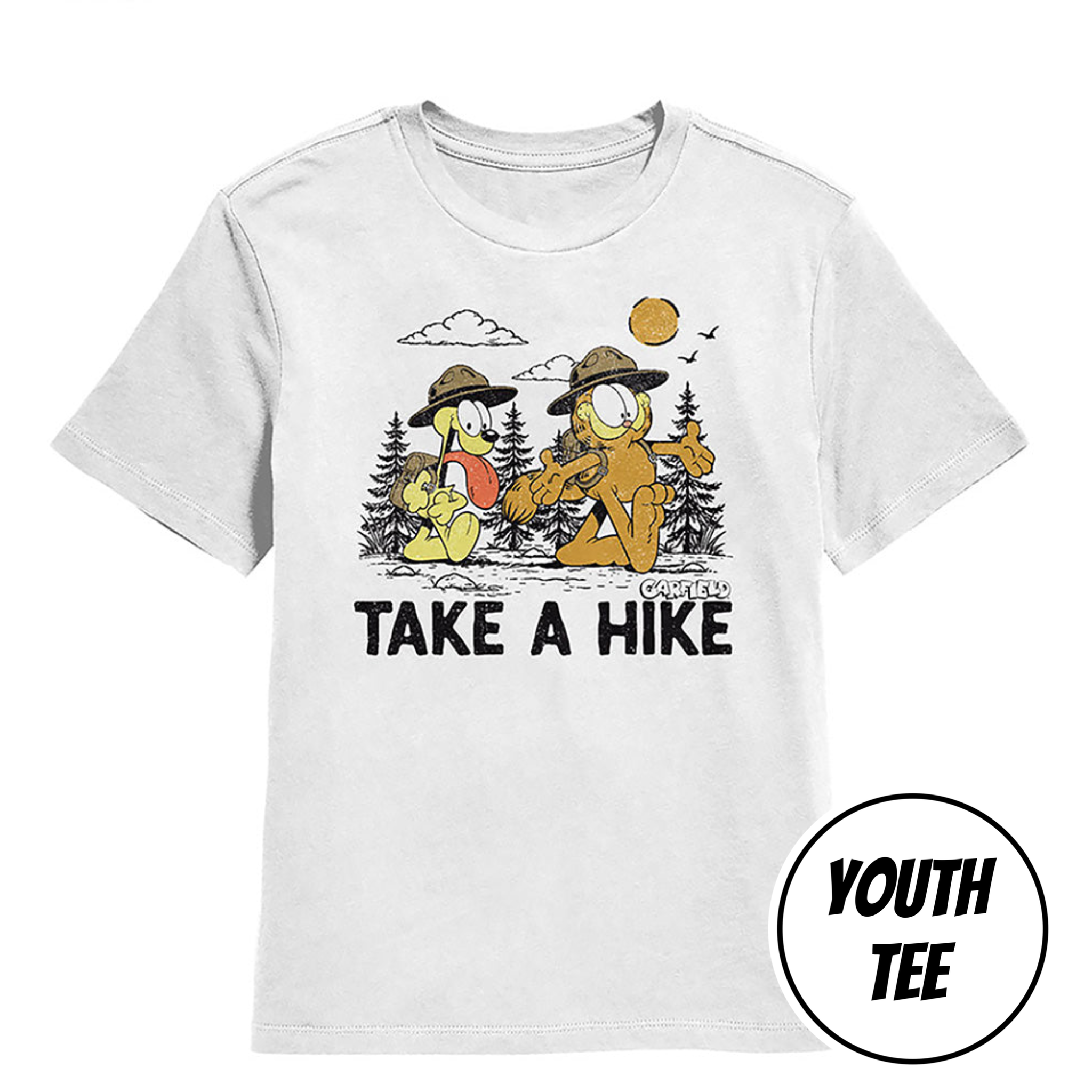 A white youth short-sleeve t-shirt featuring a Garfield graphic of two Garfield characters hiking with the text 'TAKE A HIKE' below. A circular badge in the bottom right corner reads 'YOUTH TEE'.