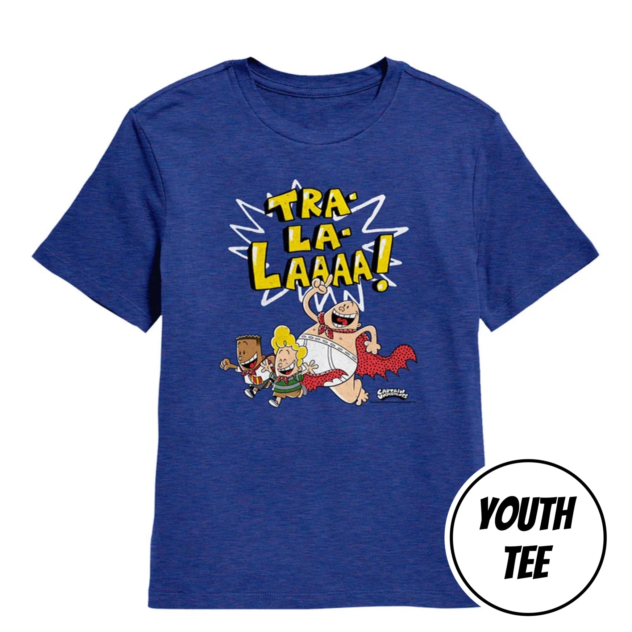 A heather blue short-sleeve youth t-shirt featuring a colorful graphic of the cartoon characters The Flintstones with the text 'TRA LA LA AAAA!' in a comic-style burst. A white circular badge in the bottom right corner reads 'YOUTH TEE'.