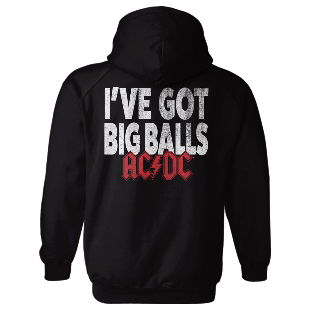 A black pullover hoodie shown from the back, featuring the text 'I'VE GOT BIG BALLS' in distressed white letters and the red AC/DC logo underneath.