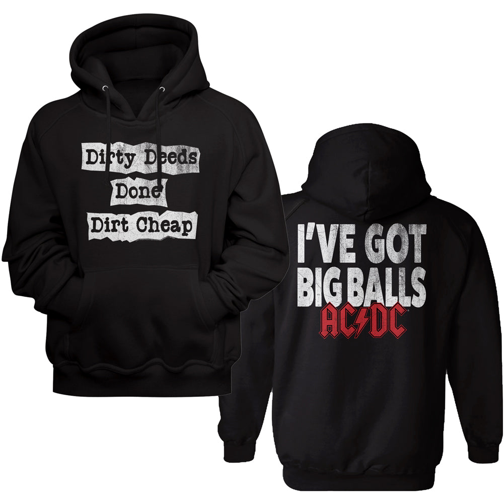 Black hoodie with text on front and back, featuring AC/DC branding.