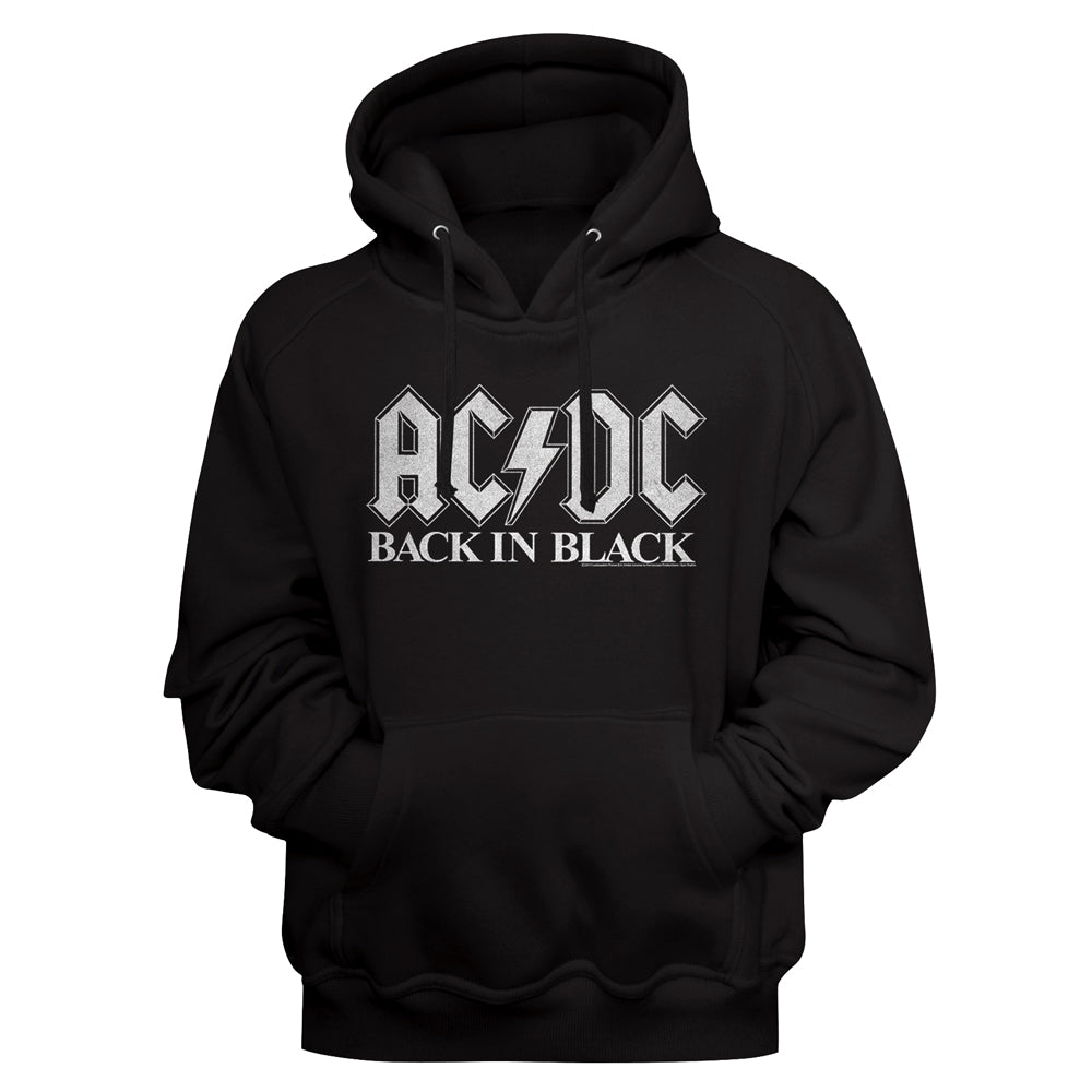 Black hoodie with AC/DC logo and 'Back in Black' text on a black background
