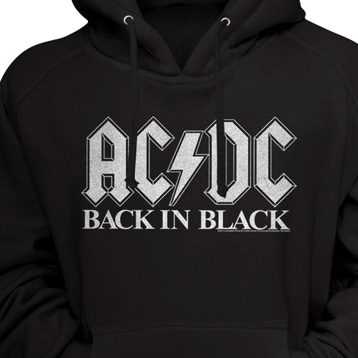 Black hoodie with AC/DC logo and 'Back in Black' text on a black background