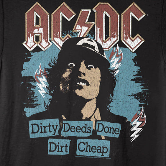 Black t-shirt with AC/DC graphic featuring a stylized portrait and text on a black background