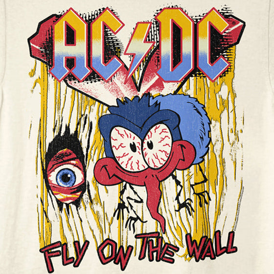 T-shirt with AC/DC graphic design featuring cartoon characters and 'Fly on the Wall' text.