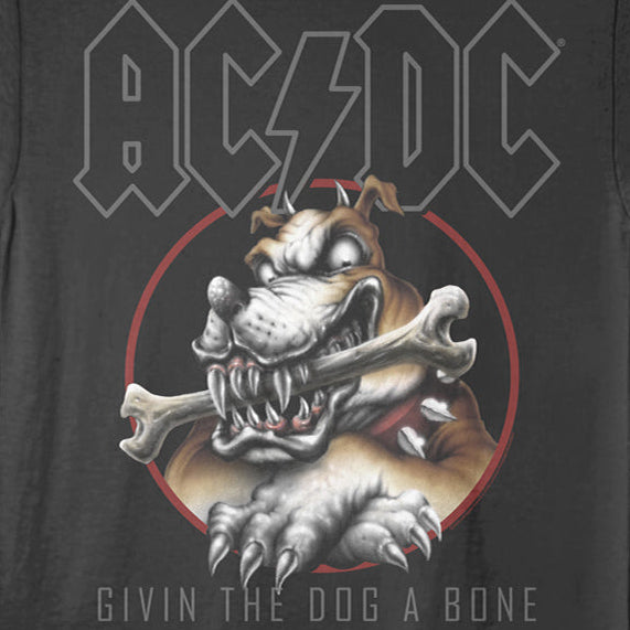 Black t-shirt with AC/DC logo and dog graphic on a white background