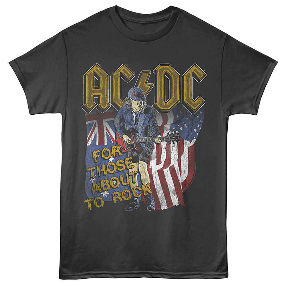 Black t-shirt with AC/DC graphic featuring a person playing guitar in front of British and American flags.