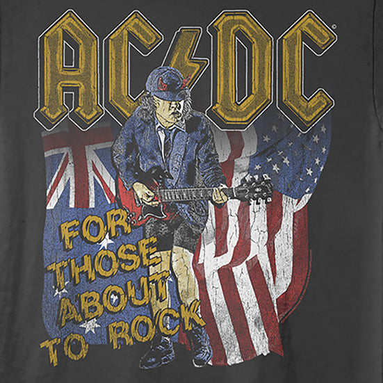 Black t-shirt with AC/DC graphic featuring a person playing guitar in front of British and American flags.