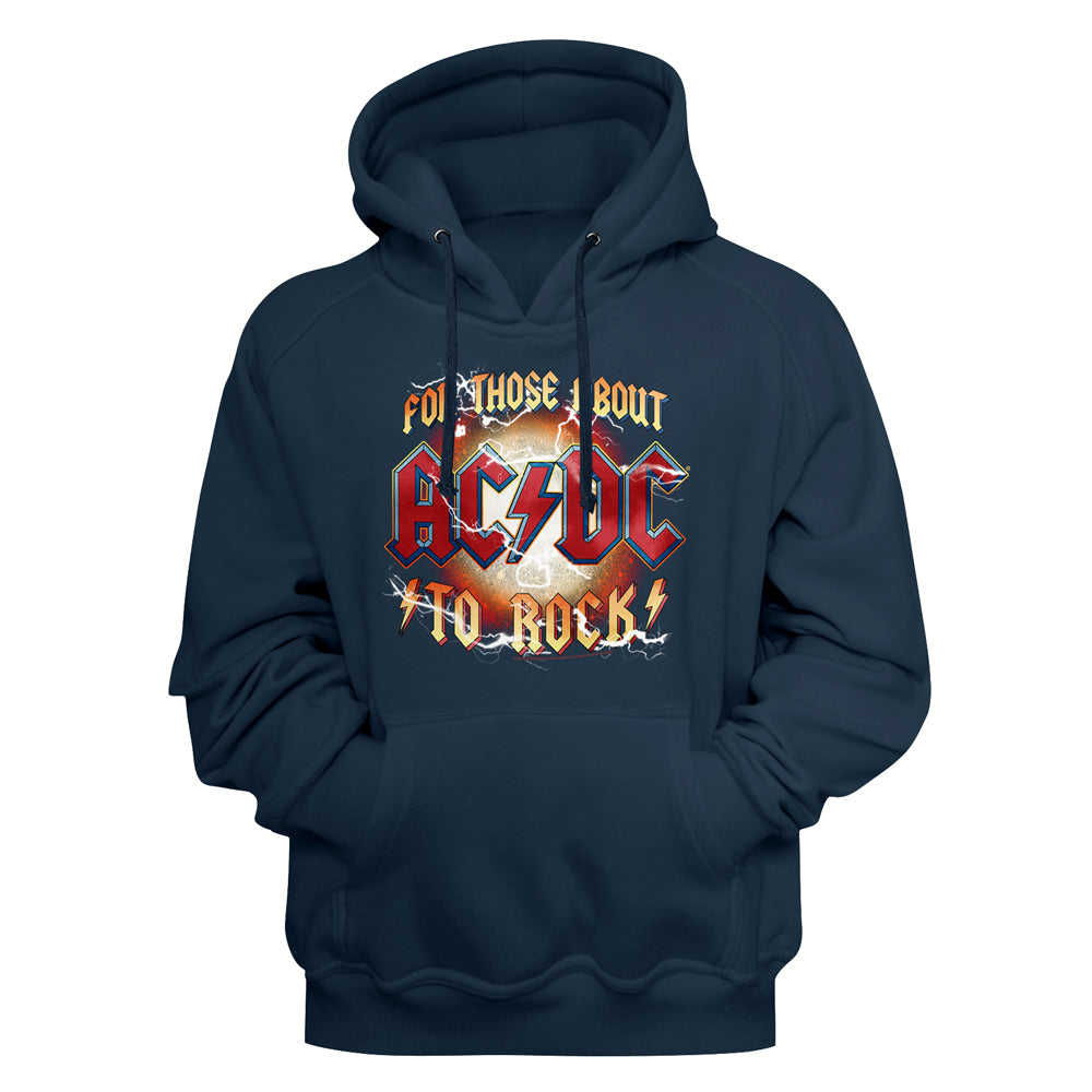 A navy blue pullover hoodie featuring a front graphic print of the band AC/DC with the text 'FOR THOSE ABOUT AC/DC TO ROCKS' in red, yellow, and white.