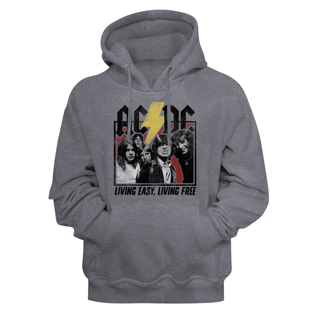 A heather gray pullover hoodie featuring a front graphic print of the rock band AC/DC with their classic lightning bolt logo, a black-and-white group photo, and the text 'LIVING EASY, LIVING FREE'.