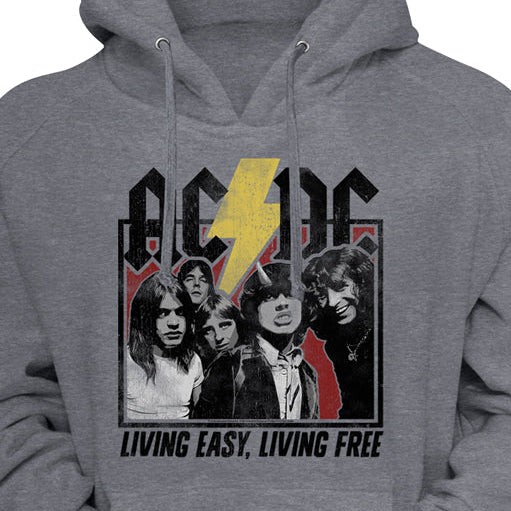 A heather gray pullover hoodie featuring a front graphic print of the rock band AC/DC with their classic lightning bolt logo, a black-and-white group photo, and the text 'LIVING EASY, LIVING FREE'.
