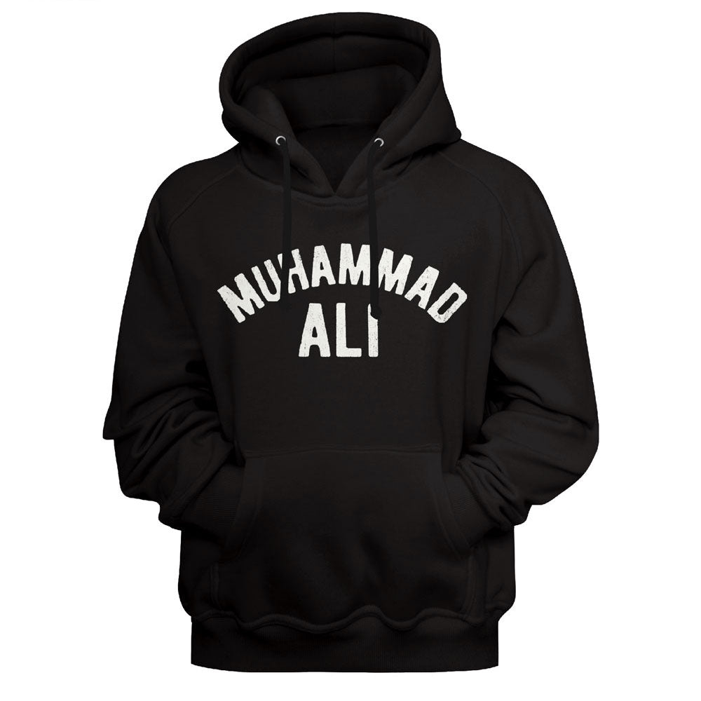 Black hoodie with 'Muhammad Ali' printed on it against a black background