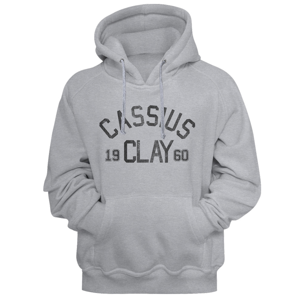 A light gray pullover hoodie with a distressed black graphic on the chest reading 'CASSIUS 19 CLAY 60', shown against a gray background.