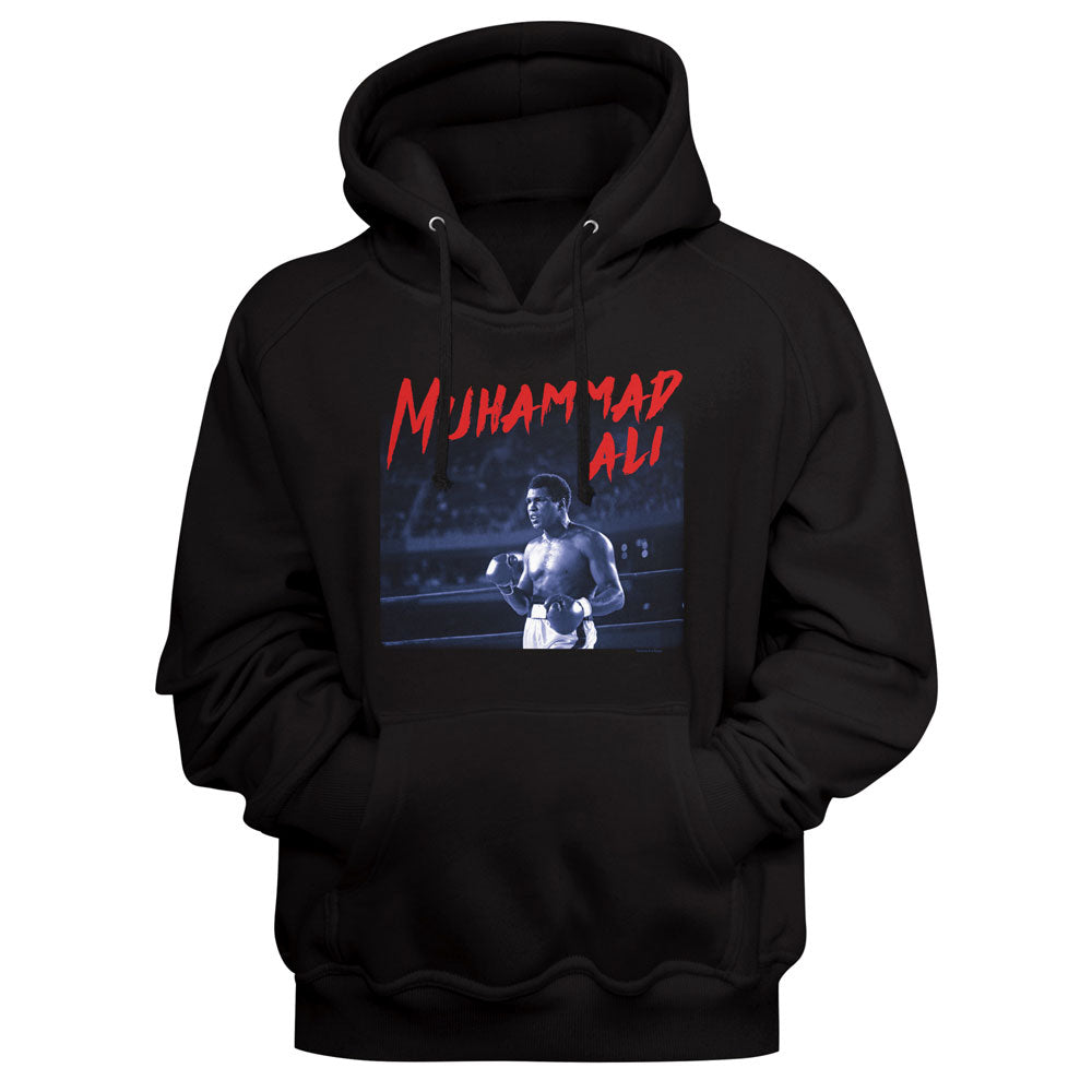 Black hoodie with Muhammad Ali graphic on a black background