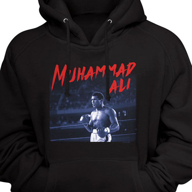 Black hoodie with Muhammad Ali graphic on a black background