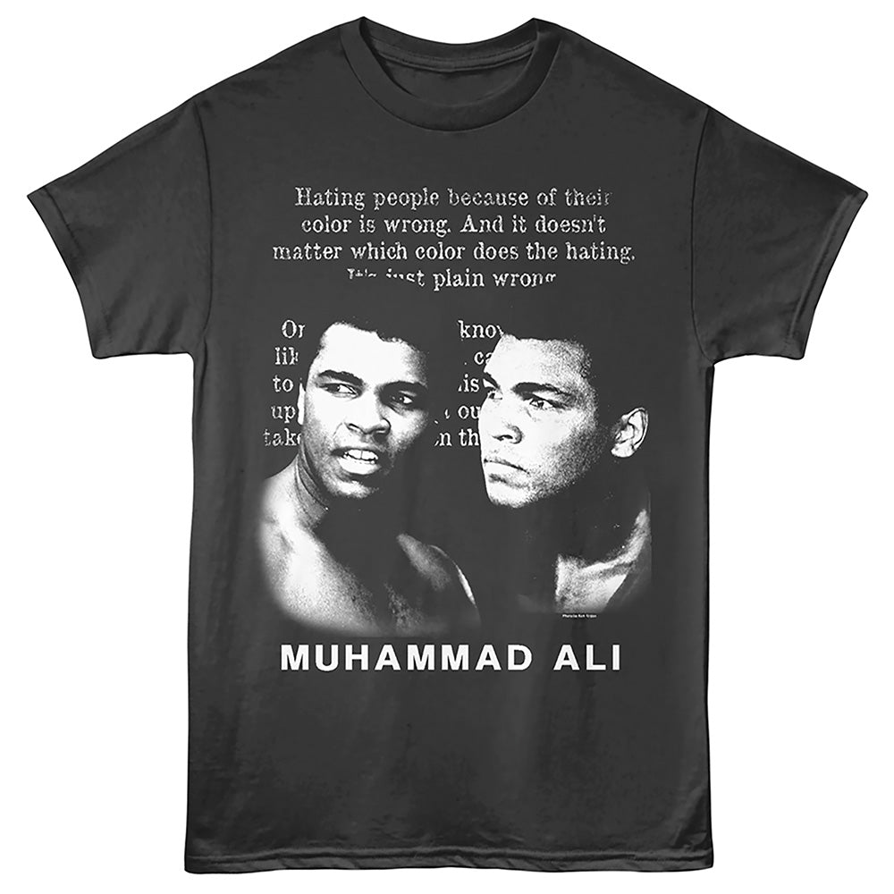 A black short-sleeve crewneck t-shirt featuring a white graphic print of Muhammad Ali's face, a quote, and the text 'MUHAMMAD ALI' printed in white at the bottom.