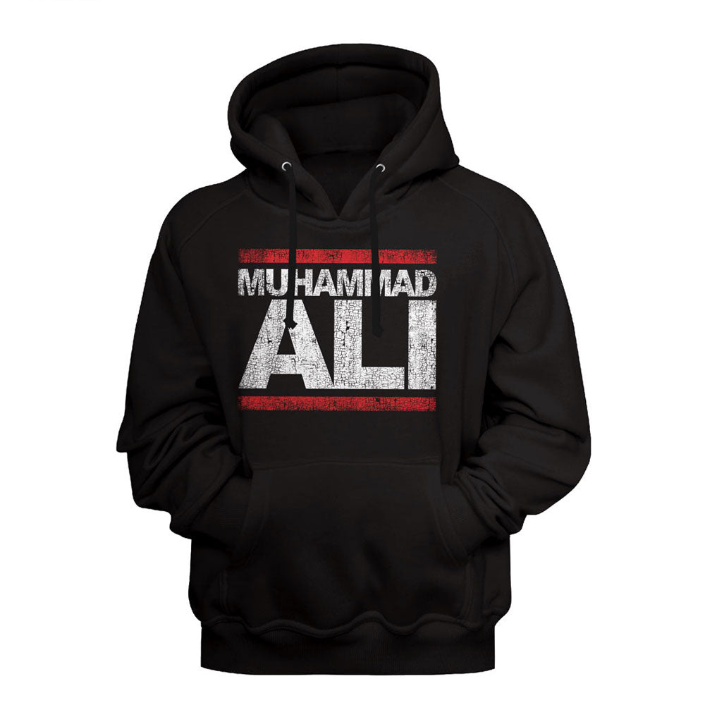 Black hoodie with 'Muhammad Ali' text on a black background
