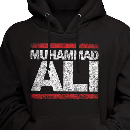 Black hoodie with 'Muhammad Ali' text on a black background