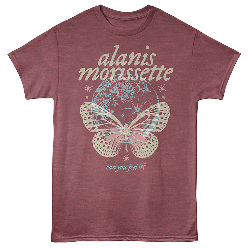A heathered dusty rose short-sleeve t-shirt featuring a graphic print of a butterfly over a globe, with the text 'alanis morissette' and 'can you feel it?' in cream and light blue.