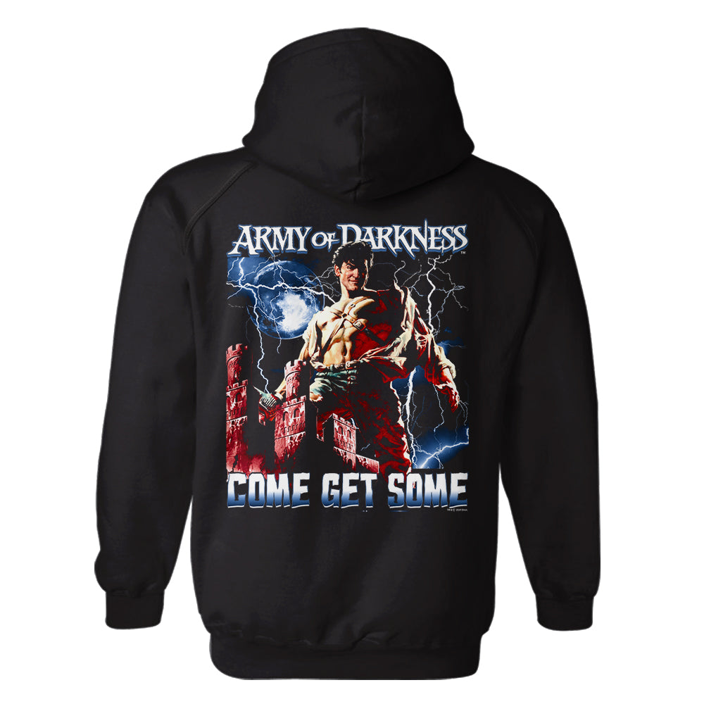 A black pullover hoodie shown from the back, featuring a large graphic print of a muscular man with lightning and the text 'ARMY of DARKNESS' and 'COME GET SOME'.