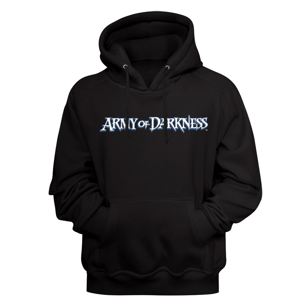 A black pullover hoodie with the text 'ARMY OF DARKNESS' printed across the chest in a stylized white and blue font, shown against a black background.