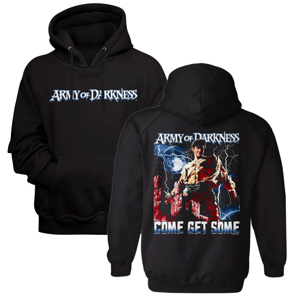 Black hoodie with 'Army of Darkness' logo and graphic on front and back